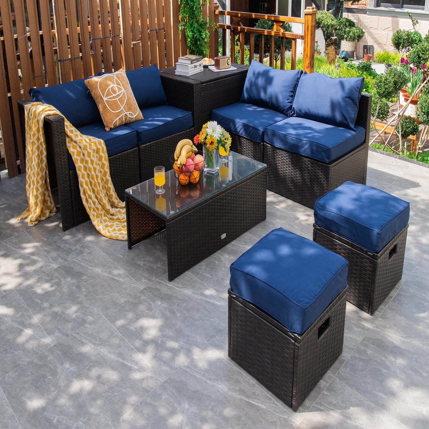 Costway 8 PCS Outdoor Wicker Furniture Set with Storage Box Tempered Glass Table 2 Ottomans