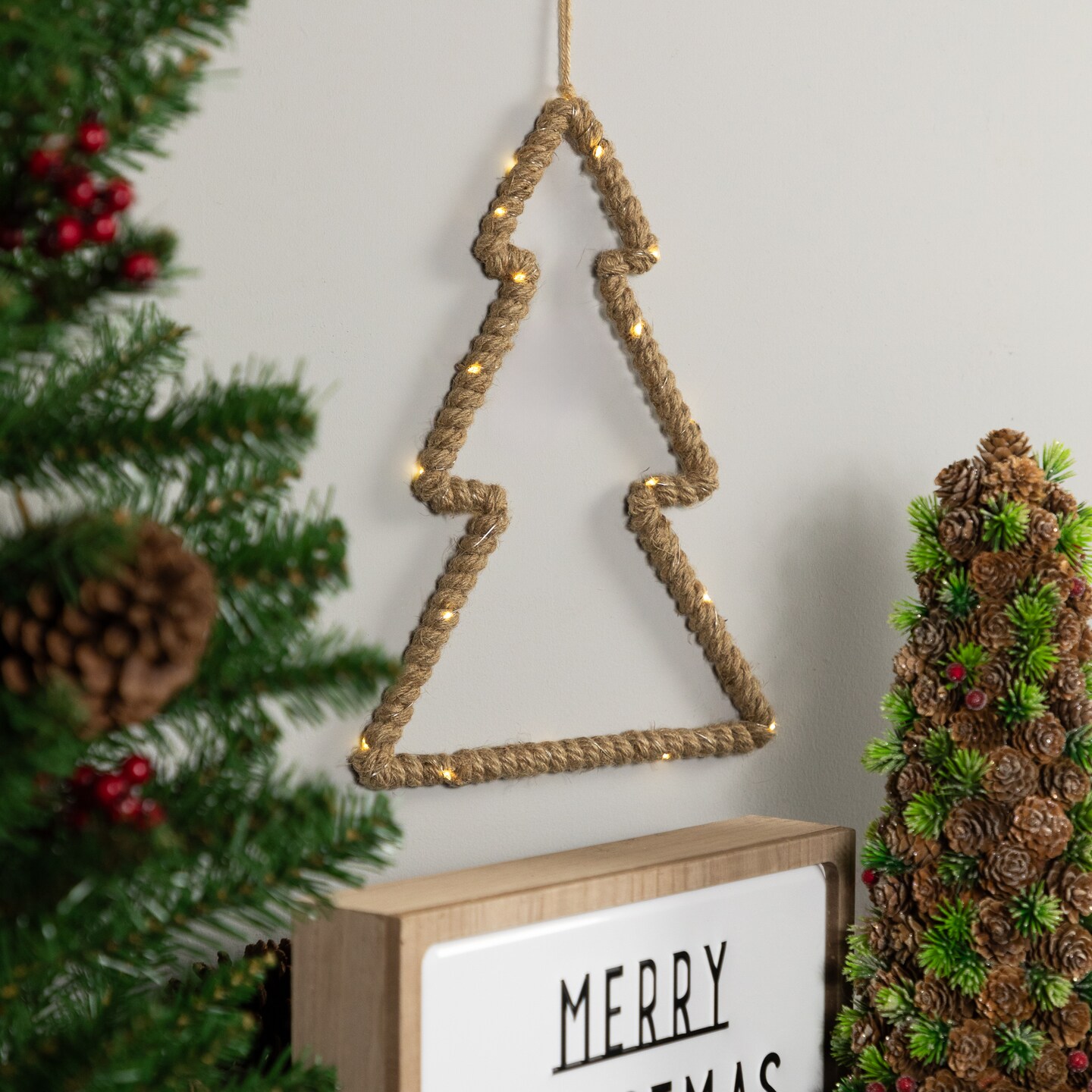 Northlight Lighted Jute Wrapped Pine Tree Silhouette Hanging Christmas Decoration - 14&#x22;