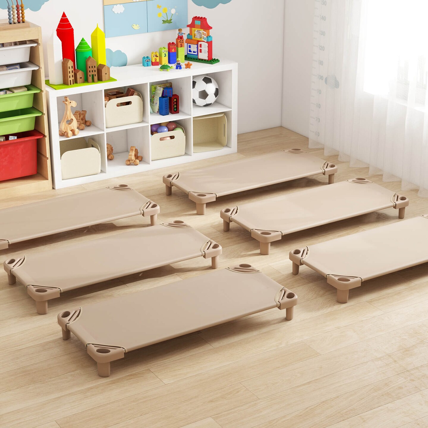 Costway Pack of 6 Kids Stackable Naptime Cot 52&#x22; L x 23&#x22; W Daycare Rest Mat Coffee/Pink/Blue