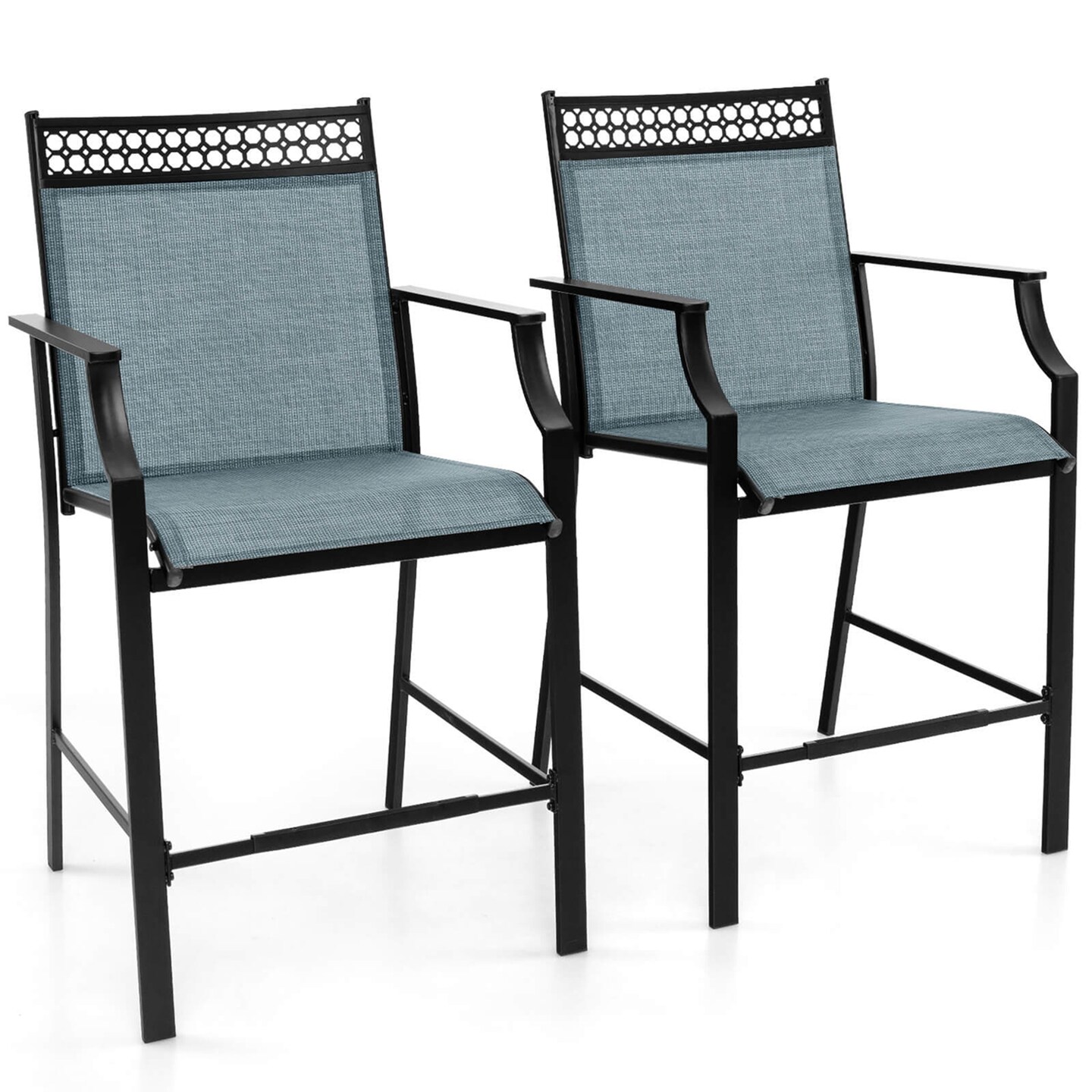 Costway Outdoor Counter Stools Set of 2 with Footrest &#x26; Armrests Metal Frame for Backyard Blue/Coffee/Red