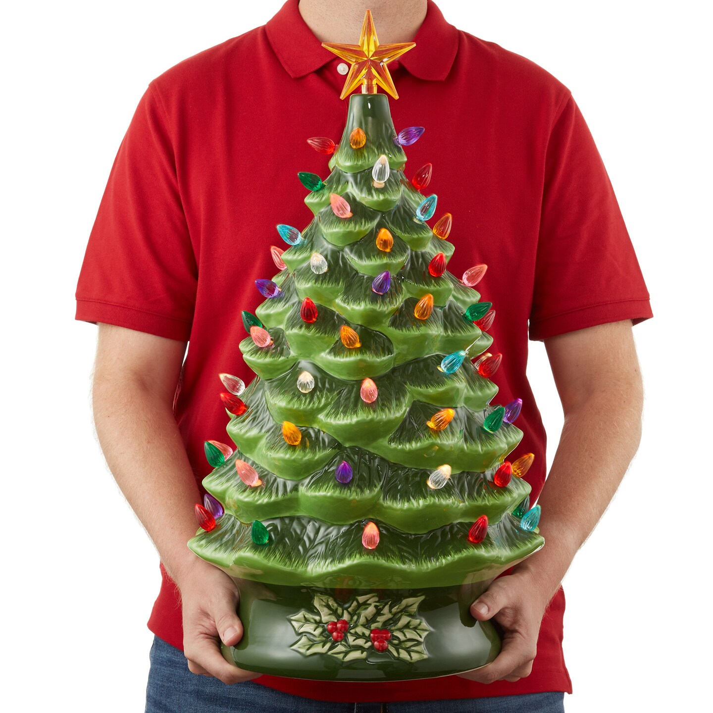 Casafield Hand Painted Ceramic Christmas Tree, 24-Inch Pre-Lit Tree with 148 Multi Color Lights and 2 Star Toppers