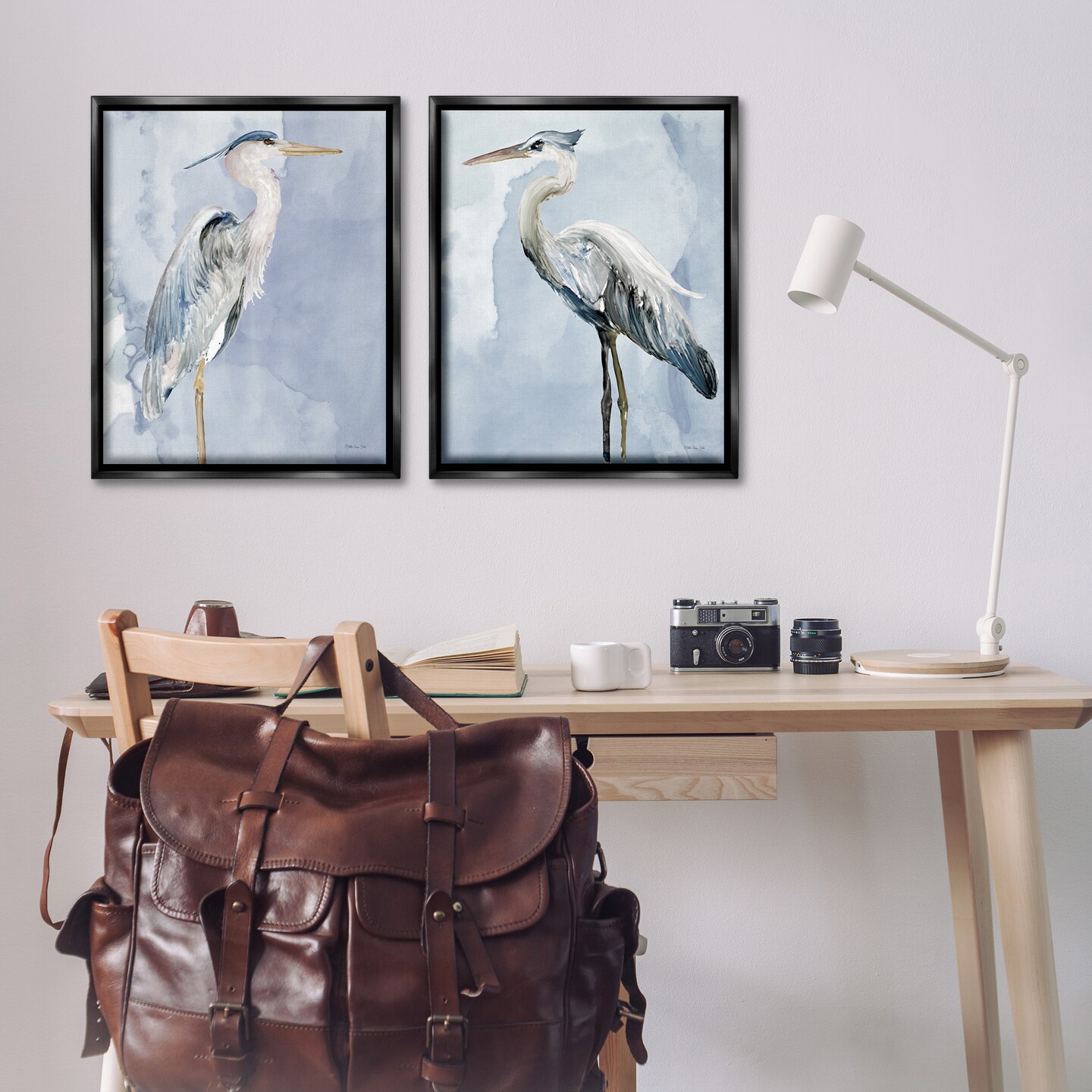 Stupell Industries Heron Birds Standing Blue Sky Framed Floater Canvas Wall Art