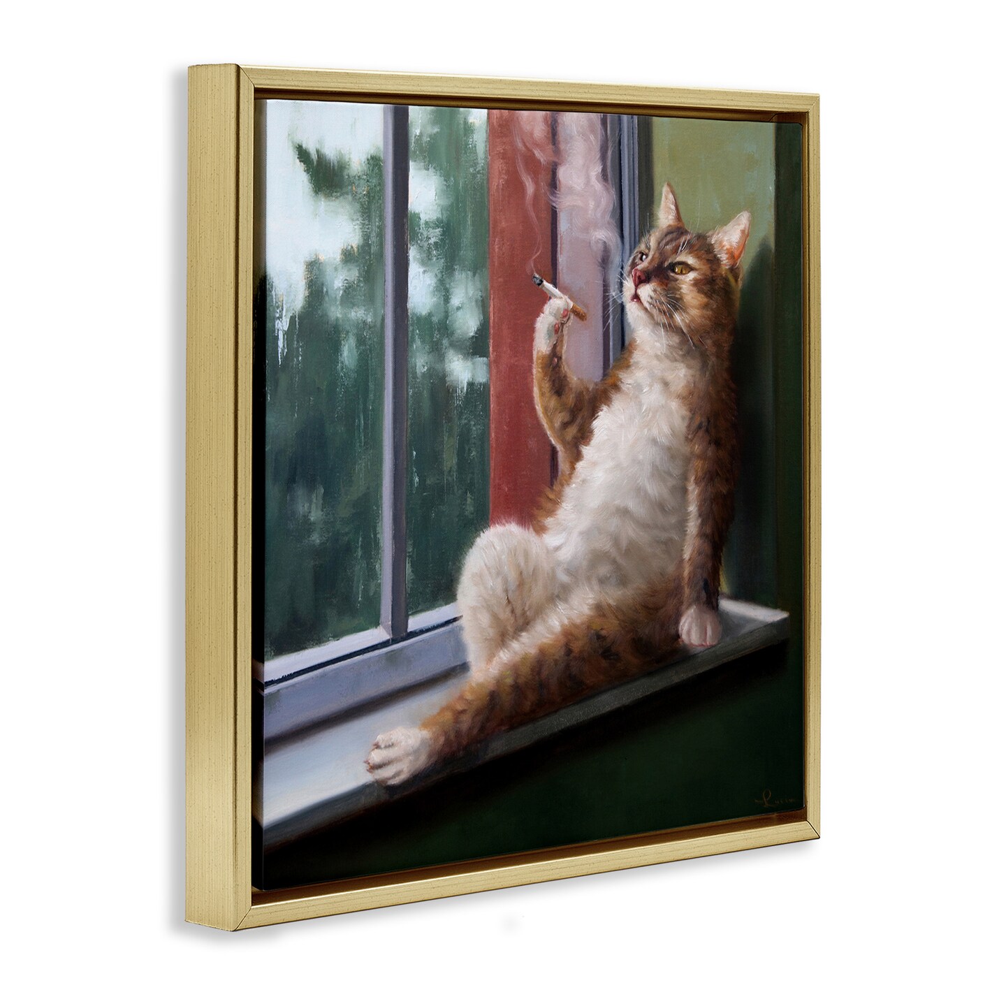 Stupell Industries Cat Smoking Lounging in Window Framed Floater Canvas Wall Art