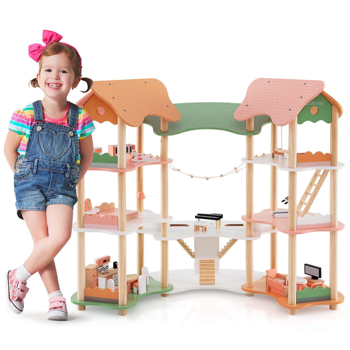 Hoenyjoy Kids Wooden Dollhouse Aged 3-8 Years Old with 32PCS Realistic Furniture Accessories