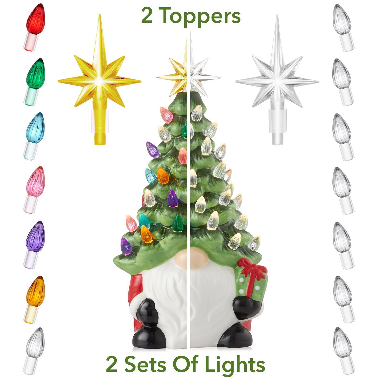 Casafield Hand Painted Ceramic Christmas Gnome with Tree, Red and Green Pre-Lit Gnome with 78 Multi Color Lights and Star Toppers