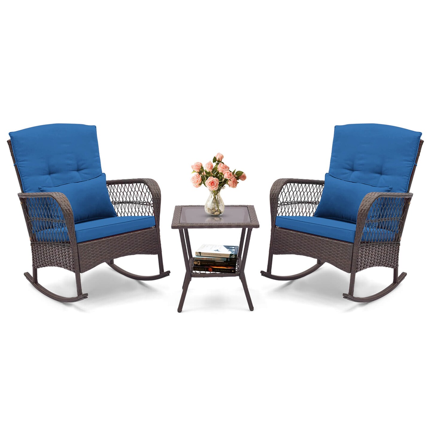 Costway 3 PCS Patio Rocker Set Outdoor Wicker Rocking Chairs with Double-Layer Coffee Table Gray/Navy/Beige/Red