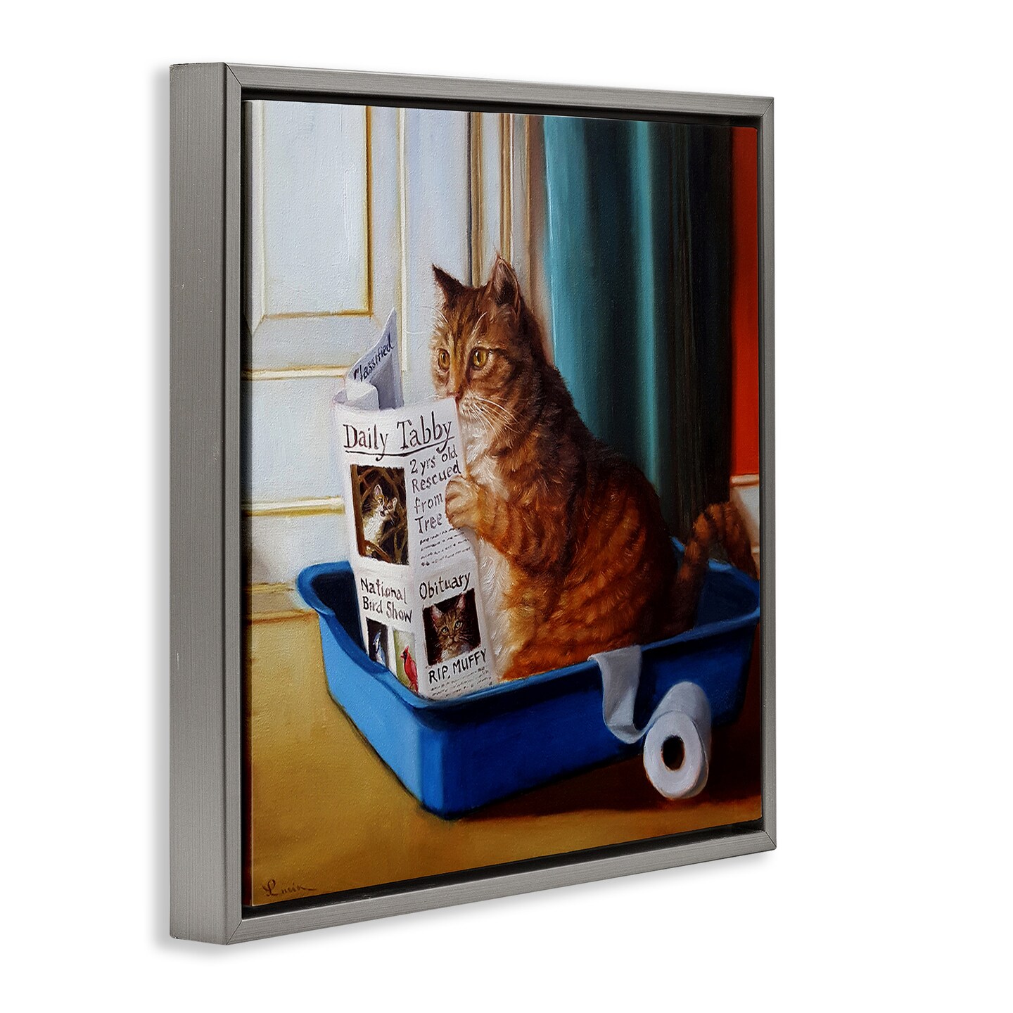 Stupell Industries Litter Box Reading Funny Cat Framed Floater Canvas Wall Art