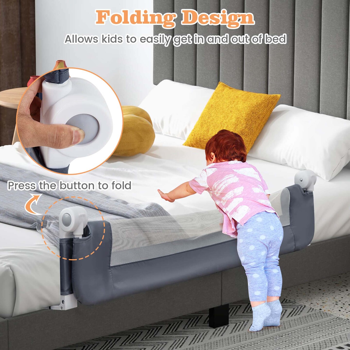 Costway 1/2 PCS 42" Toddler Foldable Bed Rail with Adjustable Safety Strap, Bedrail Guard Grey