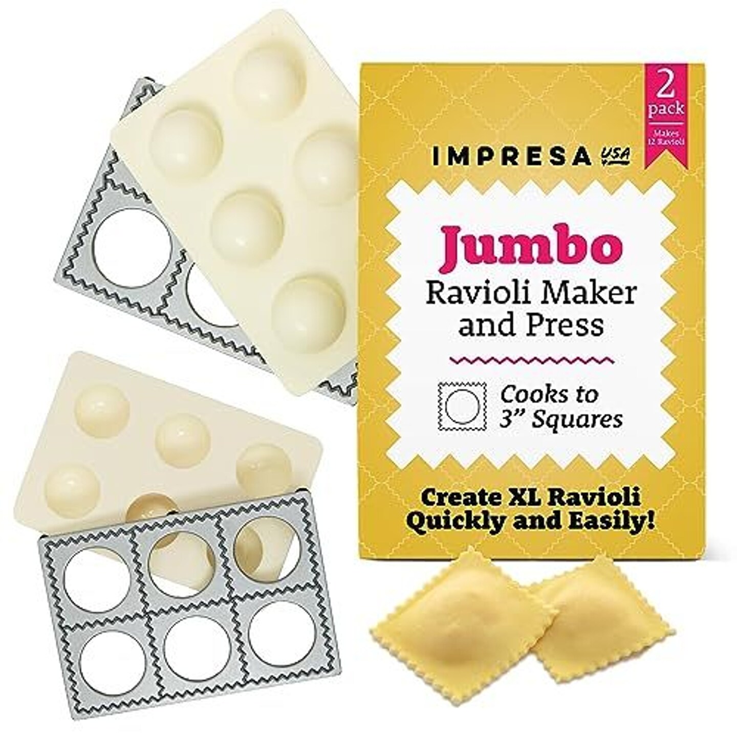 Impresa 2 Pack Jumbo Ravioli Maker Press, 2.5 Inches Ravioli Mold Set, Ravioli Cutter and Sealer Easily Makes 12 Ravioli, Easy Homemade Pasta Tools - Ravioli Press &#x26; Cutter