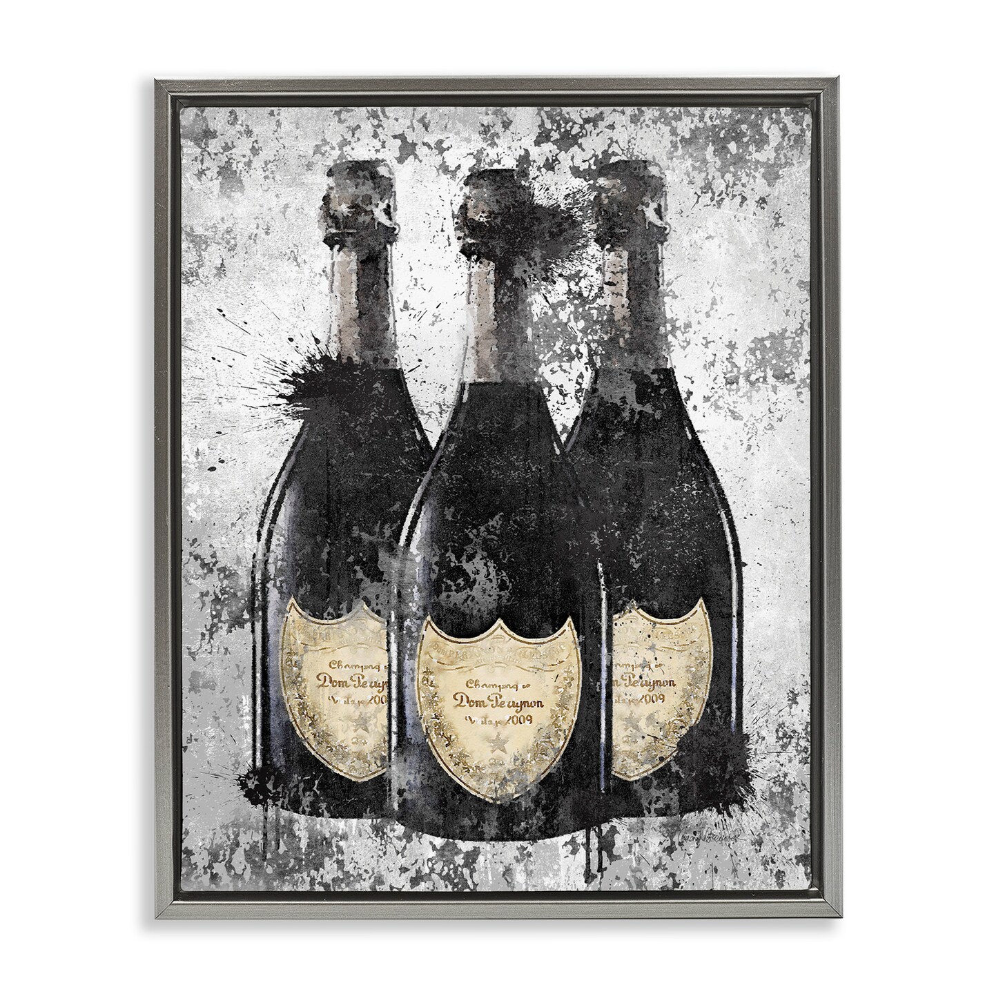 Stupell Industries Champagne Bottles Grey & Gold Framed Floater Canvas Wall Art