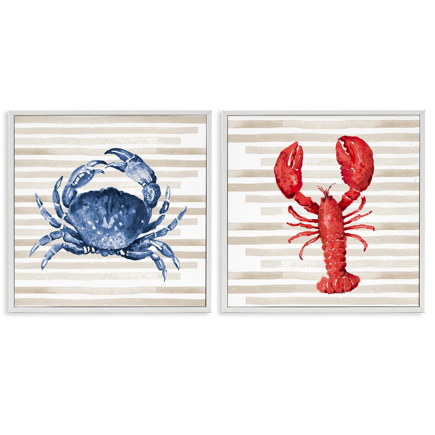 Stupell Industries Nautical Crab & Lobster Beige Stripes Framed Giclee Art