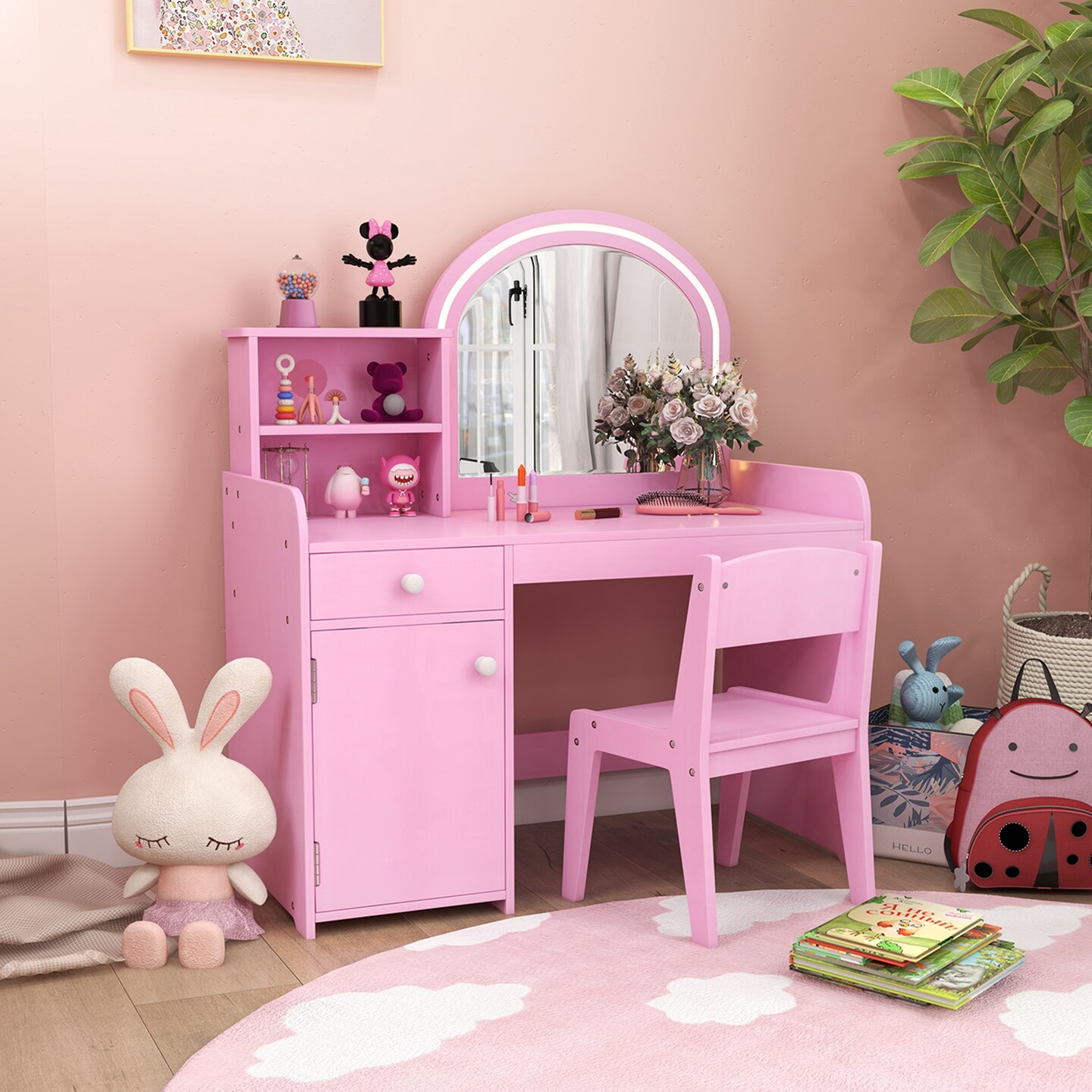 Costway Kid Vanity Table Chair Set 2-Color LED Lights Large Drawer Shelf Cabinet White/Pink, Color: Pink, Model: HCST01350 | Michaels Costway Kid Vanity Table Chair Set 2-Color LED Lights Large Drawer Shelf Cabinet White/Pink, Color: Pink, Model: HCST01350 | Michaels