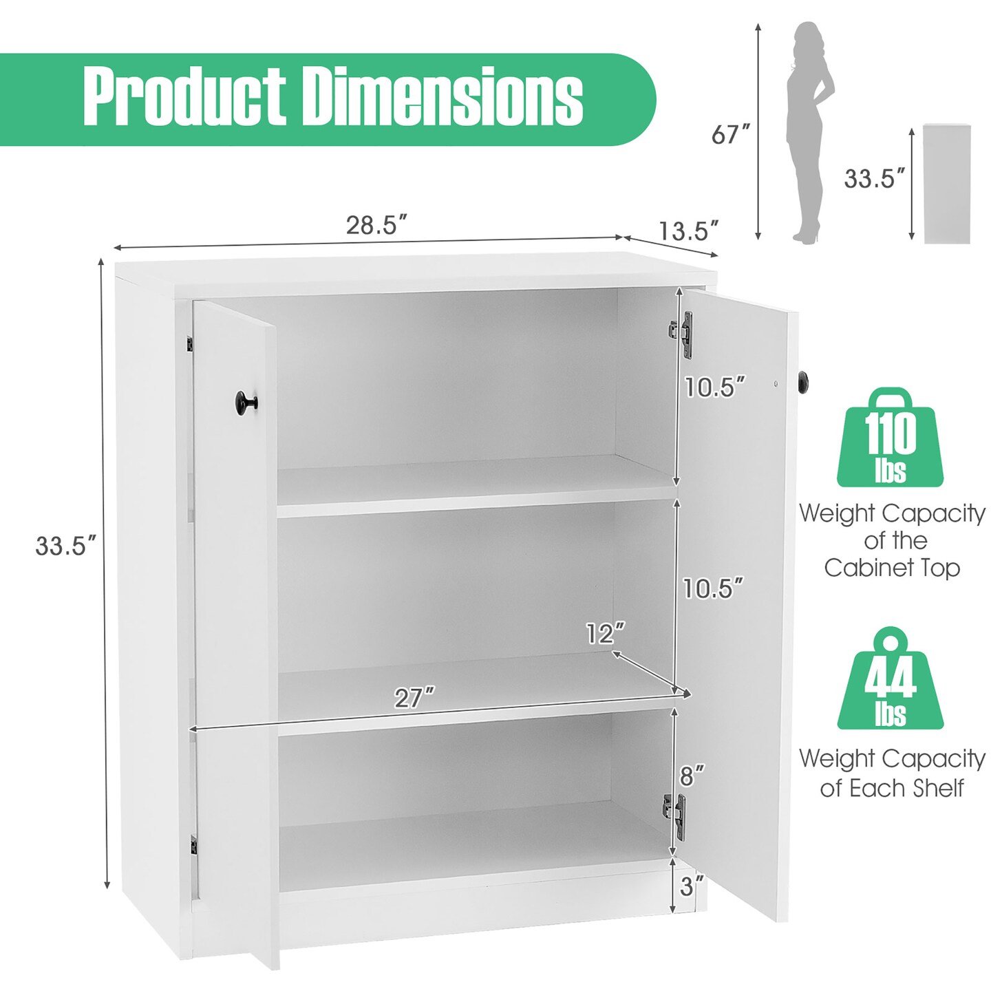 Costway 2-Door Storage Cabinet Buffet Cabinet with  3 Shelves Sideboard for Kitchen Hallway