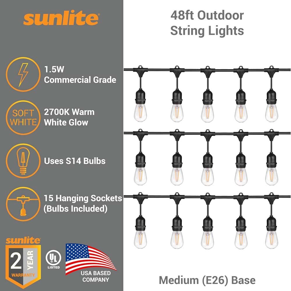 Sunlite 48ft 22.5W LED S14 Waterproof 15 Sockets 2700K Outdoor String Light Bulb