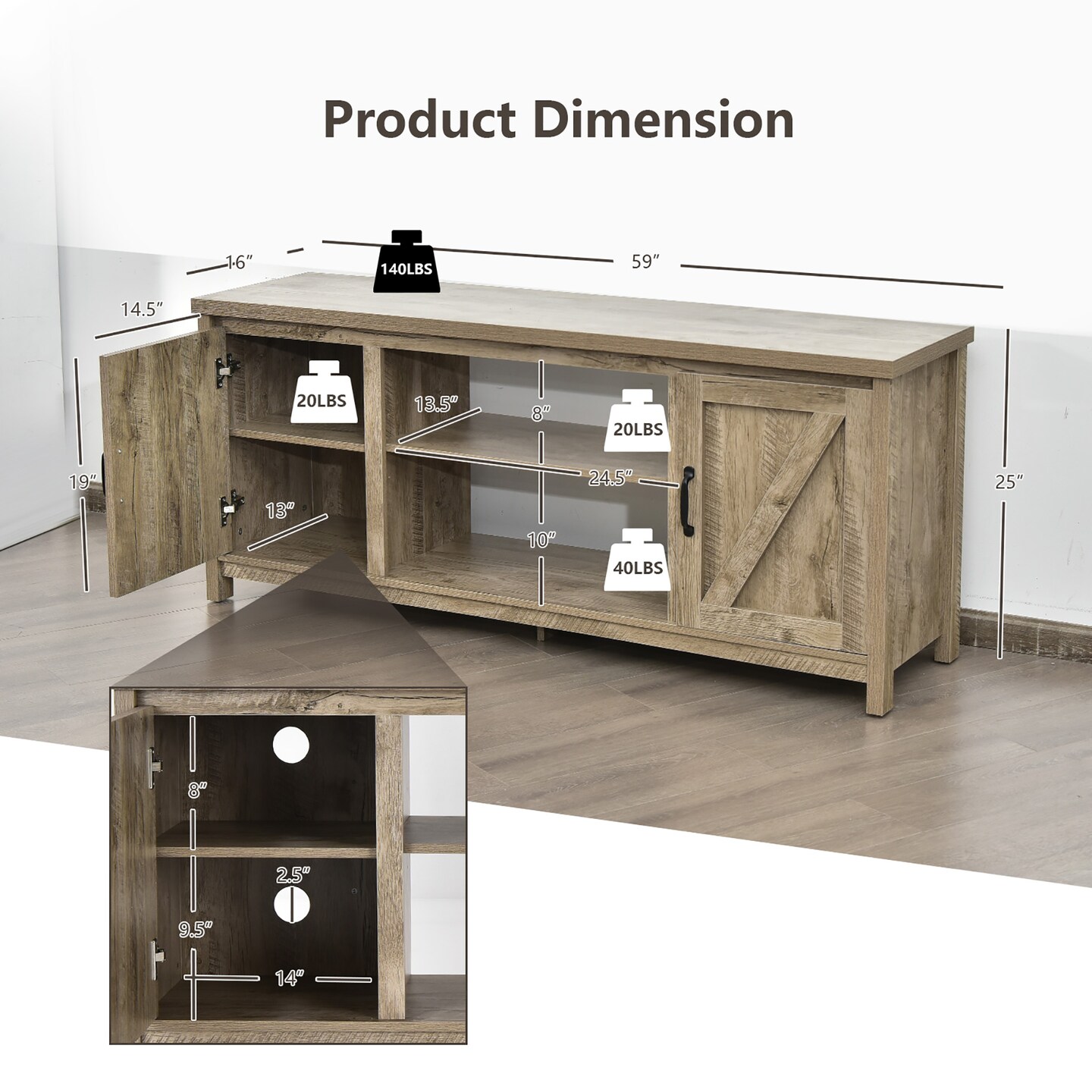 Costway 59&#x27;&#x27; TV Stand Media Console Center w/ Storage Cabinet for 65&#x27;&#x27; TV Natural\Black\Coffee