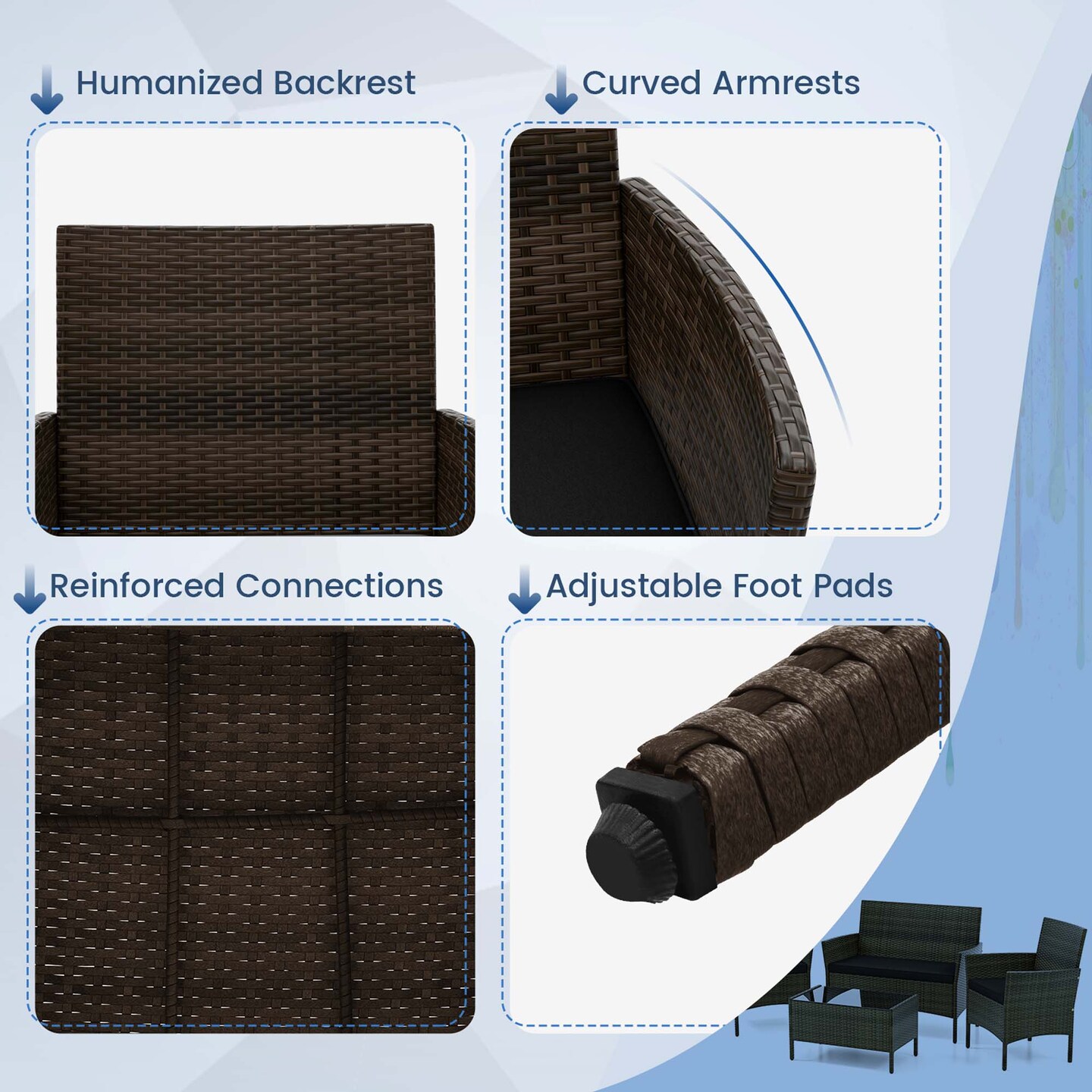 Costway 4 PCS Patio Furniture Set with Washable Cushions and Tempered Glass Coffee Table Beige/Black/Navy/Grey/Turquoise/Red/Blue/Orange