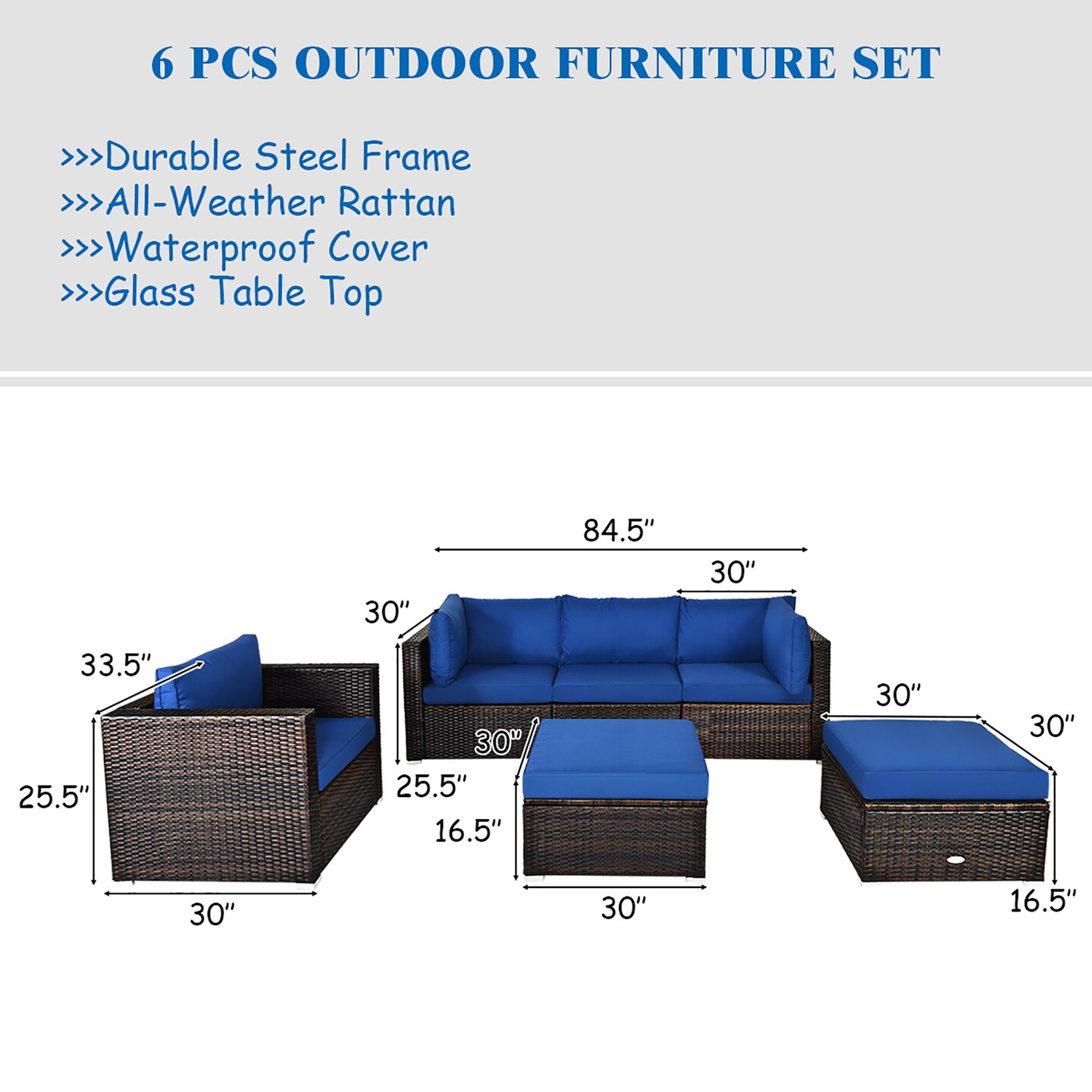 Costway 6PCS Patio Rattan Sectional   Furniture Set Sofa Coffee Table Ottoman Navy