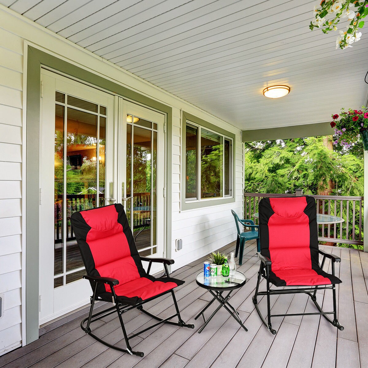 Costway 3 PCS Outdoor Folding Rocking Chair Table Set Bistro Sets Patio Furniture Red