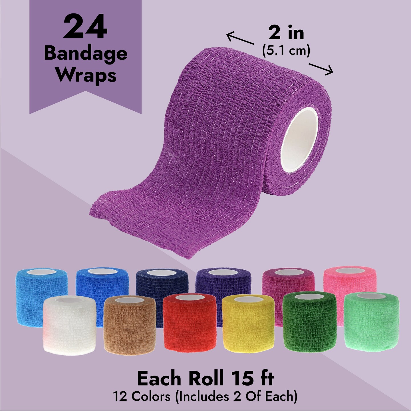 24-Rolls Self Adherent Bandage Wrap 2 inch x 5 Yards &#x2013; Breathable Vet Tape, Elastic Cohesive for Wrist, Swelling, Sports, Tattoo (12 Bright Colors)