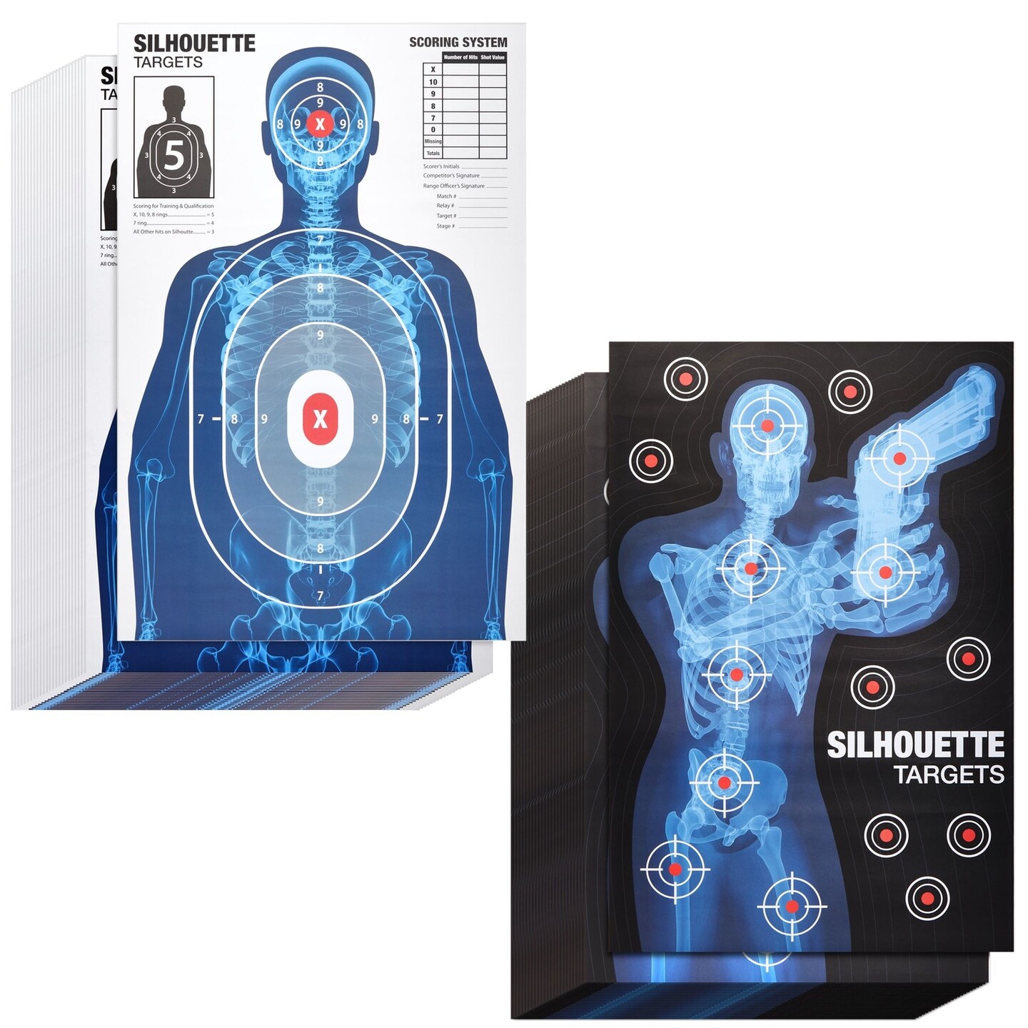 50 Pack Human Silhouette Large Paper Shooting Range Targets - X-Ray Skeleton Designs, Red-Marked Targeting Points, Score Counter, Highly Visible (2 Designs, 25x38 in)