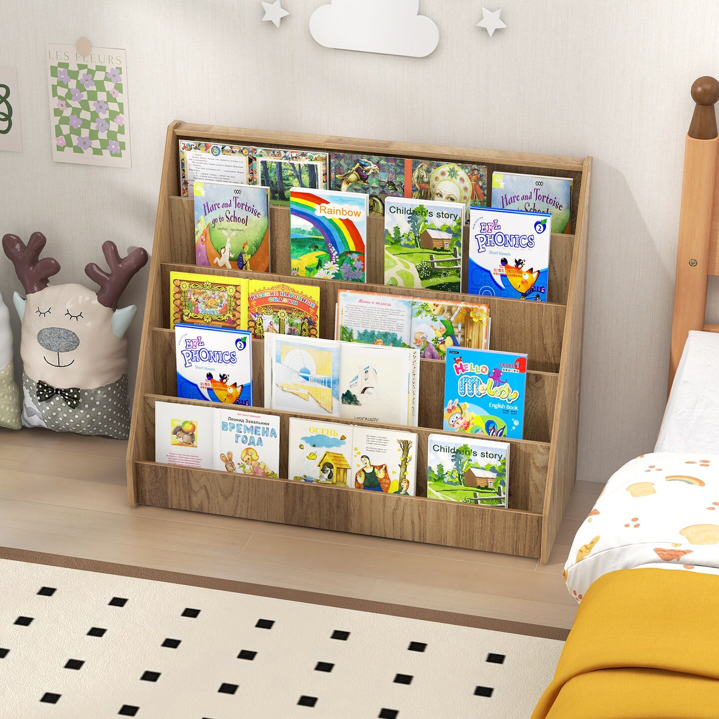 5-Tier Wooden Kids Multi-Purpose Bookshelf with Deep Compartments Suitable for Any Room