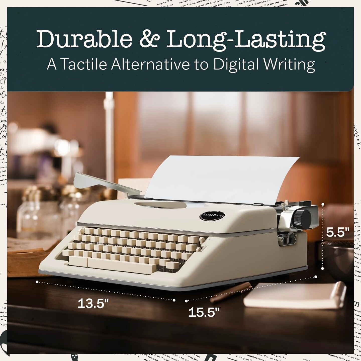 Maplefield Classic Manual Typewriter, Antique Typewriting Machine, Vintage Typewriter Decor for Home or Office, Easy Setup, Fits Standard 8 x 11 Inch Paper Sheets (Cream)