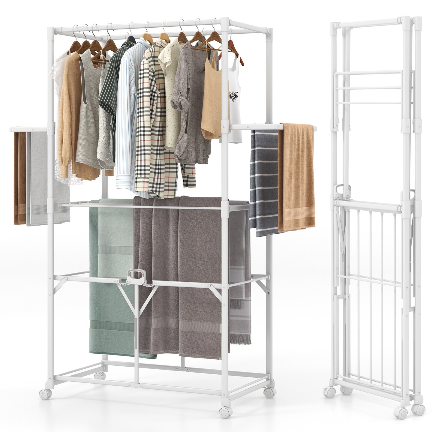 White Foldable Aluminum Drying Shelves Rack with Hanging Rods and Lockable Wheels