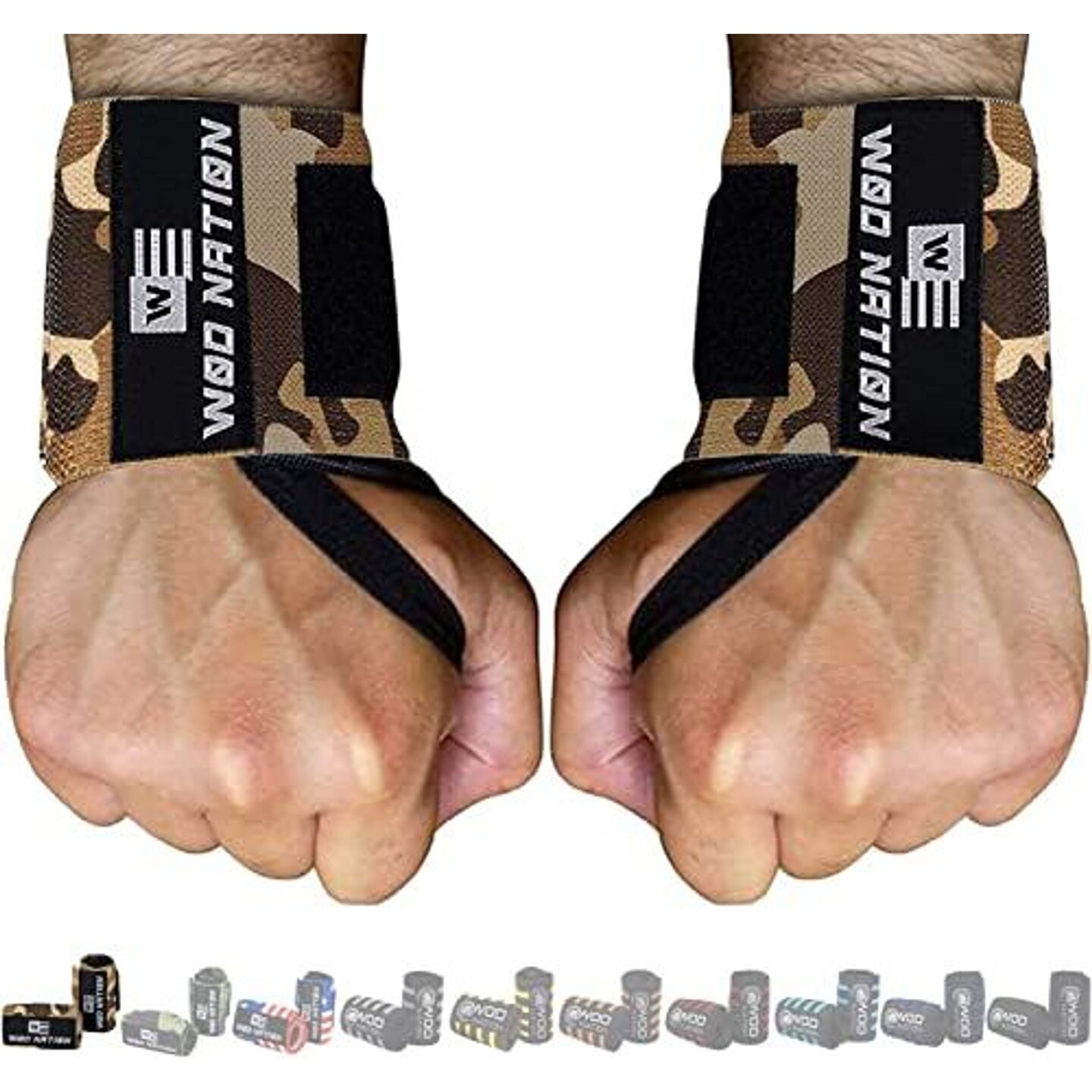 WOD Nation Wrist Wraps for Weightlifting, 12 Inch Professional Gym Wrist Straps w/Thumb Loop, Wrist Support Wraps for Men &#x26; Women for Strength Training, Powerlifting &#x26; Bodybuilding (Brown Camo)