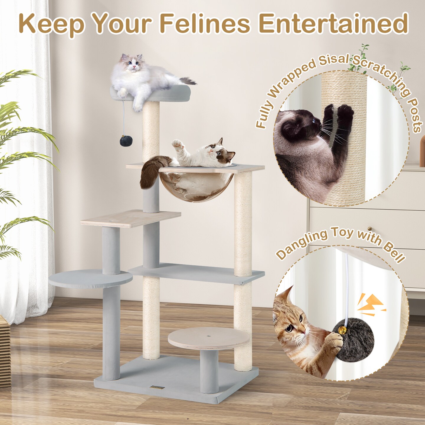 Natural Solid Plywood Cat Tree with Space Capsule and Sisal Scratching Posts