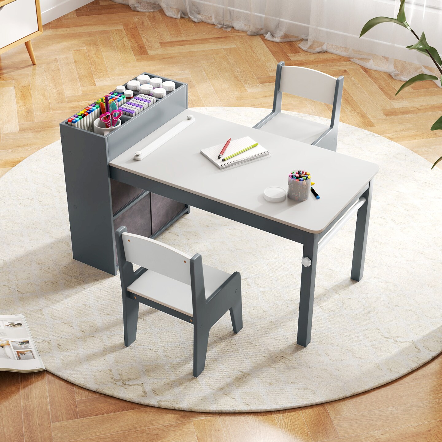 MDF and Metal Kids Art Table Set with Chairs, Storage and Paper Roll