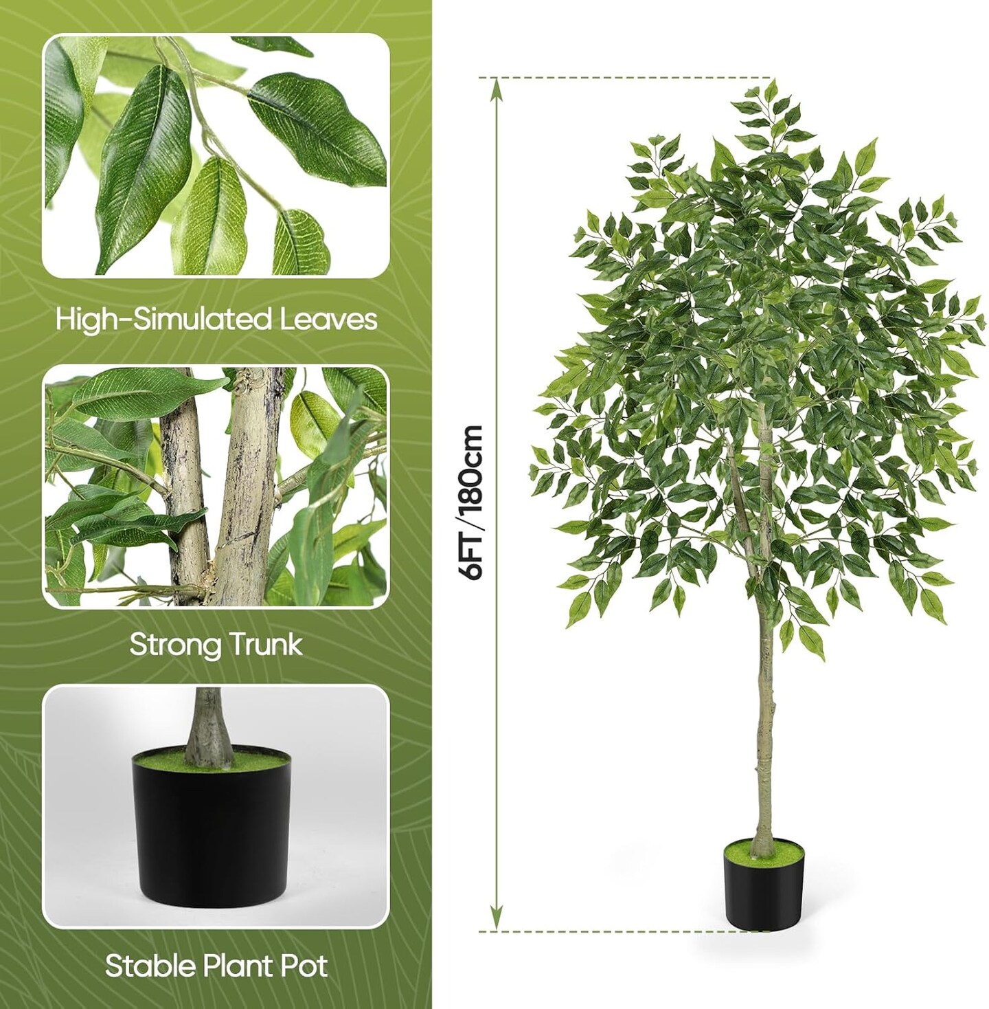 6FT Artificial Ficus Tree, 72&#x22; Tall Realistic Fake Plant with Natural Wood Trunk &#x26; Cement Pot, Indoor/Outdoor Faux Tree for Living Room, Garden, Patio Decor - Maintenance-Free