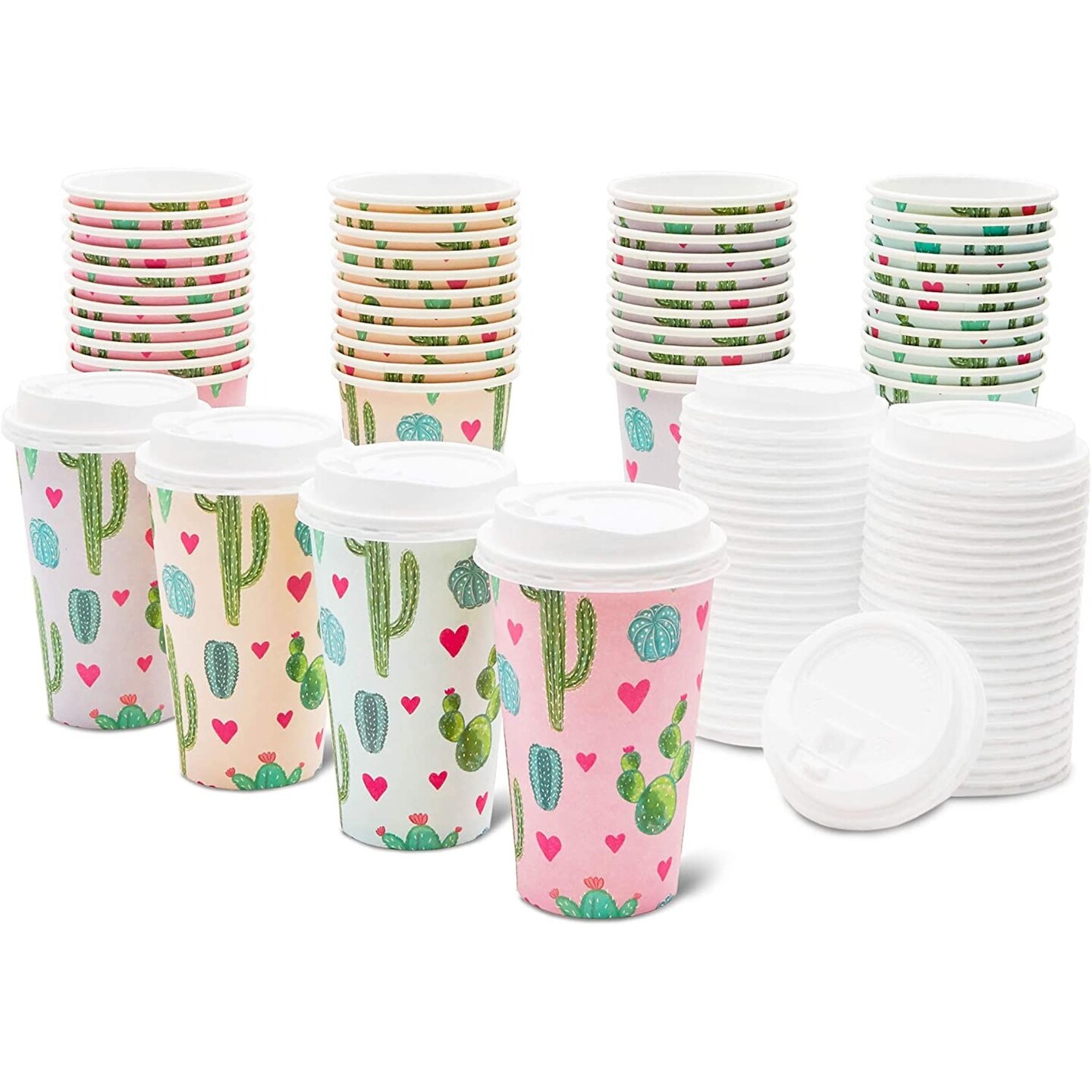 48 Pack Disposable 16oz Coffee Cups with Lids - Cactus Party Supplies - Paper To Go Cup for Themed Birthday Parties, Weddings, Baby Showers