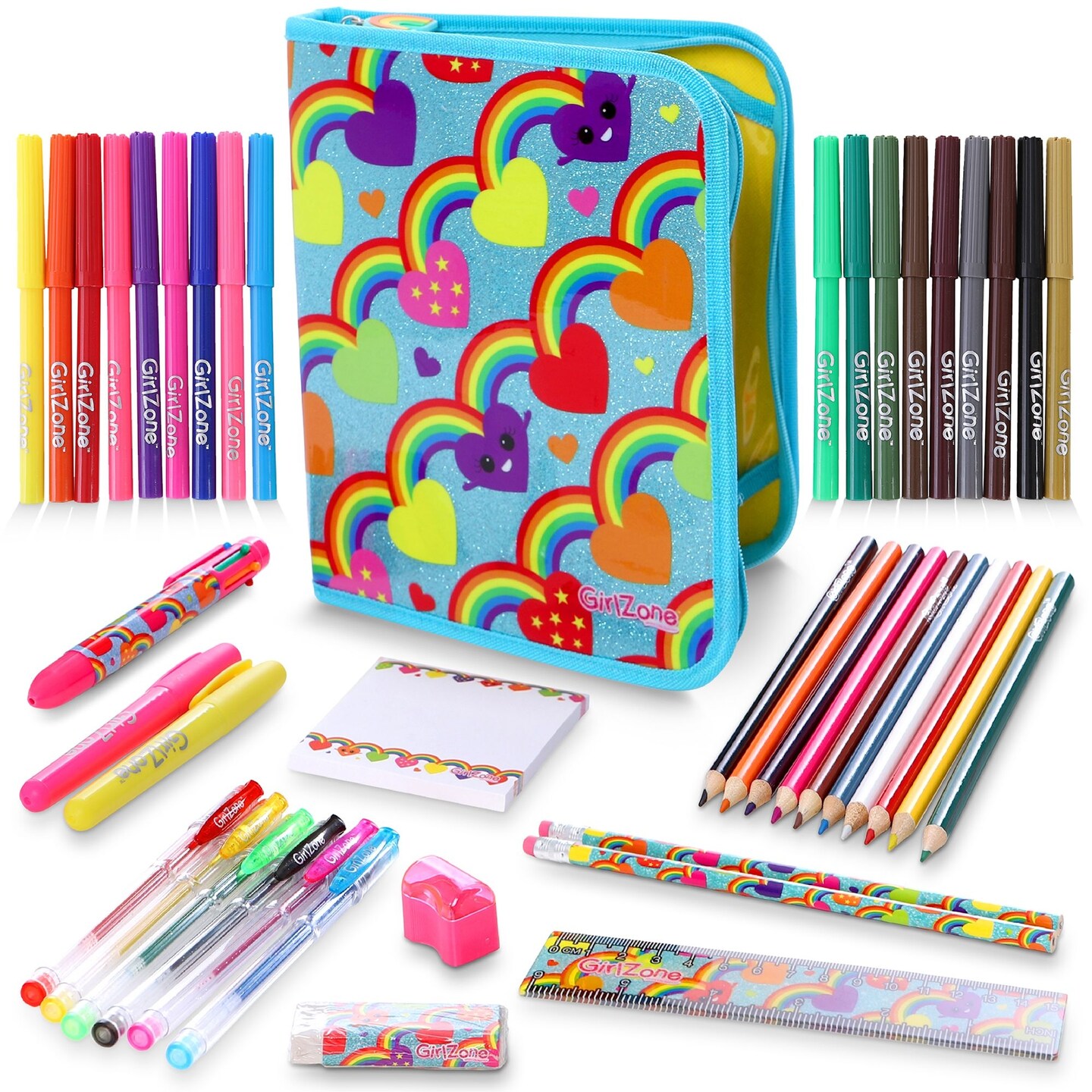 GirlZone 43-Piece Rainbow Stationery Set for Girls, Jumbo Rainbow Arts &#x26; Crafts Filled Stationery Pencil Case for Girls, Art Case for Toddlers, Kids, Teens &#x26; Teachers