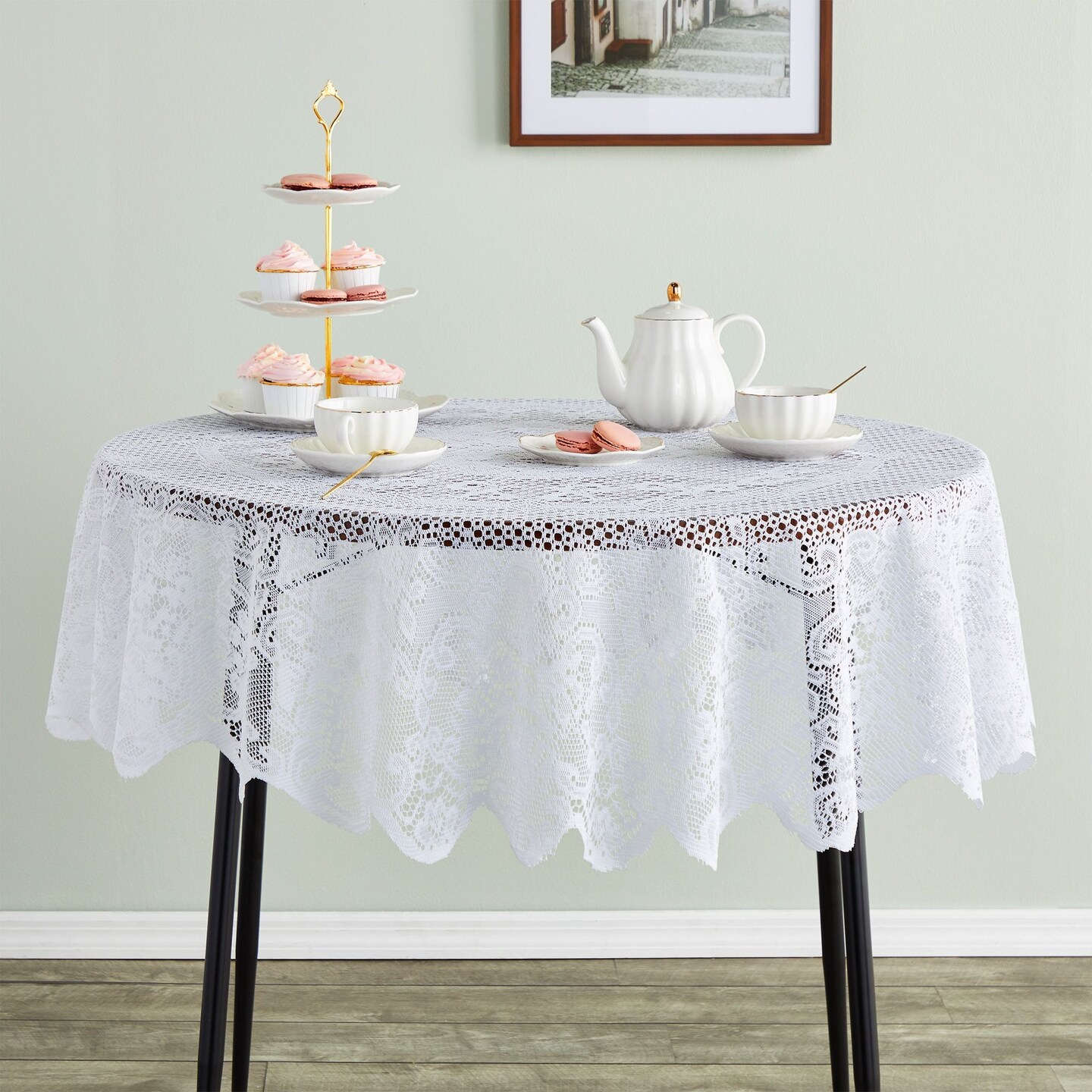 59 Inch Round White Lace Tablecloth, Elegant Table Cover for Wedding Reception and Vintage-Style Decor