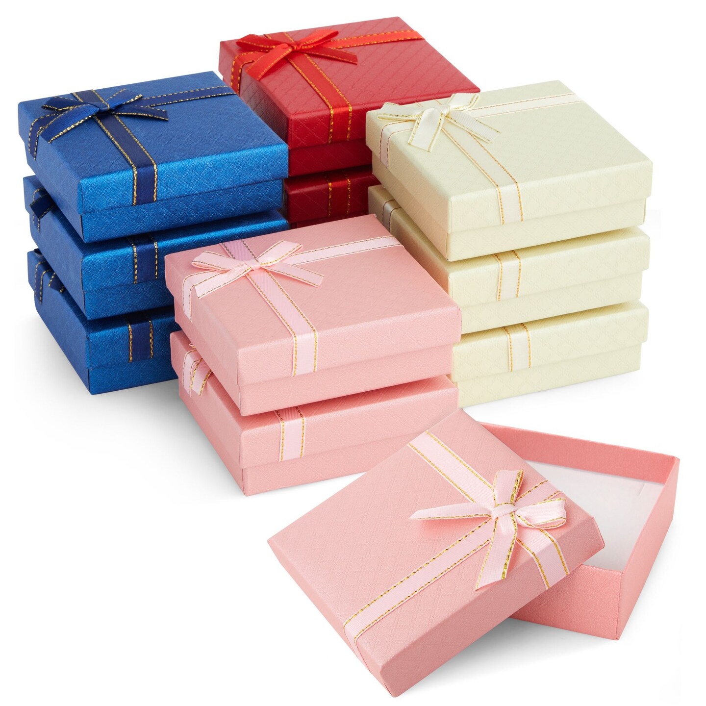 12 Pack Cardboard Jewelry Gift Boxes with Lids &#x26; Bows for Ring Necklace Bracelet Earrings Display, 4 Colors, 3.5 x 1 in