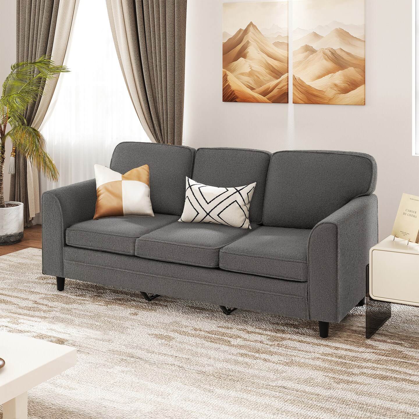 Modern 3-Seater Sofa Couch with Soft Teddy Velvet Ergonomic Cushions Wood Legs for Living Room