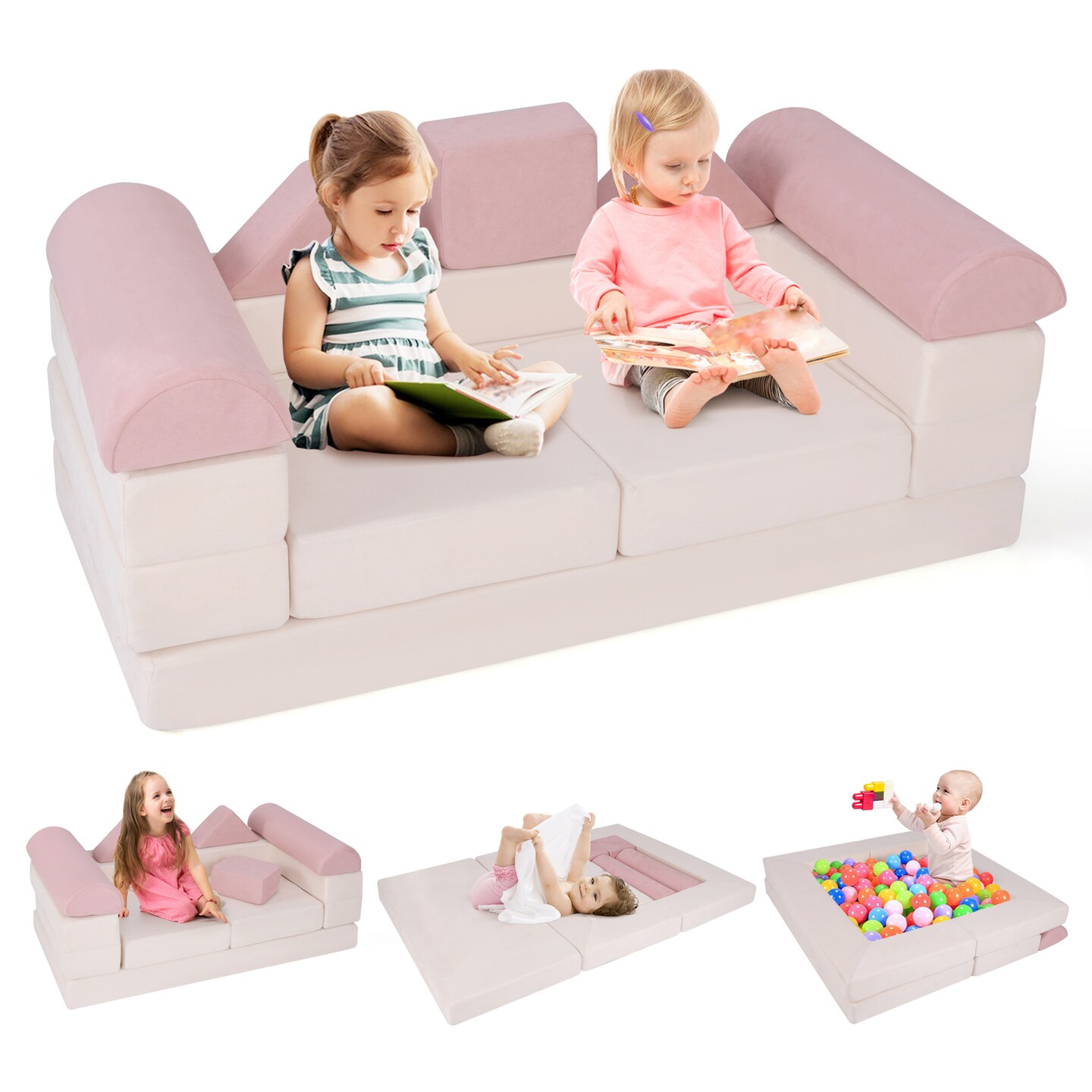 Suede Fabric Convertible Kids Play Couch Set with Foam Blocks and Cushions