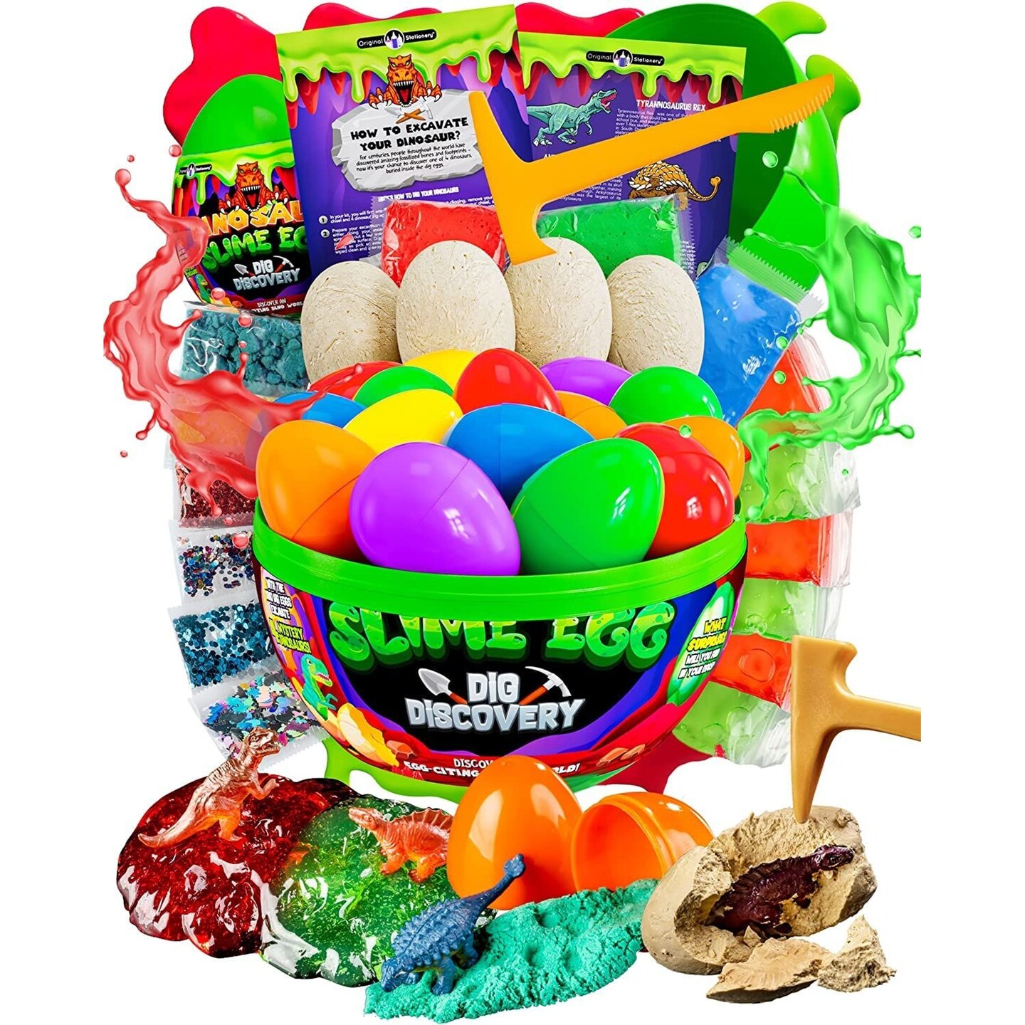Original Stationery Dinosaur Slime Egg Dig Discovery - with 4 Dino Cracking Eggs and 15 Plastic Eggs - Excavation Kit Ideal Easter Gifts for Kids