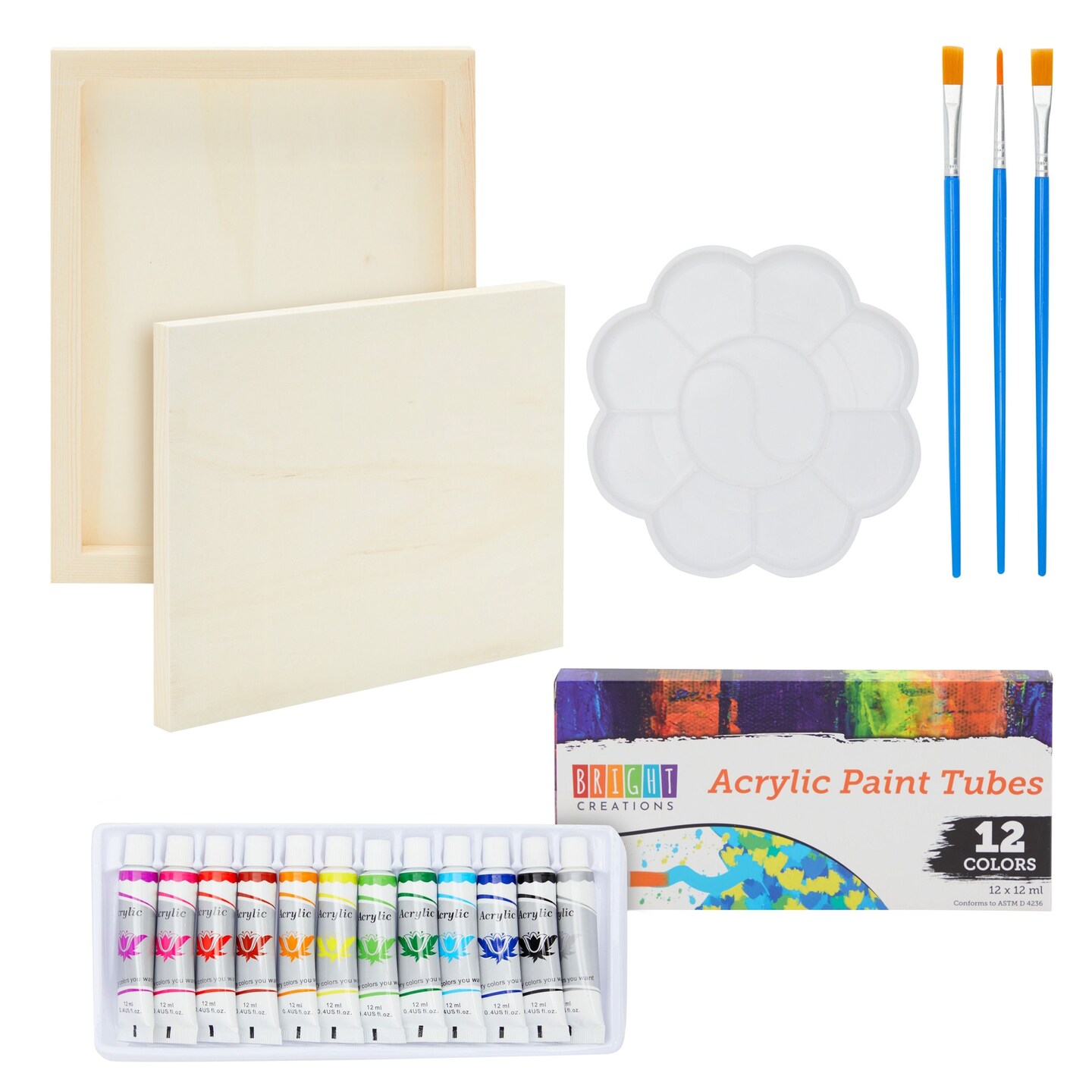 18-Piece 8 x 10-Inch Wooden Canvas Painting Set, 2 Natural Wood Panel Paint Boards with 12 Acrylic Paint Tubes, 3 Brushes, and 1 Plastic Palette for Crafting and Art Supplies
