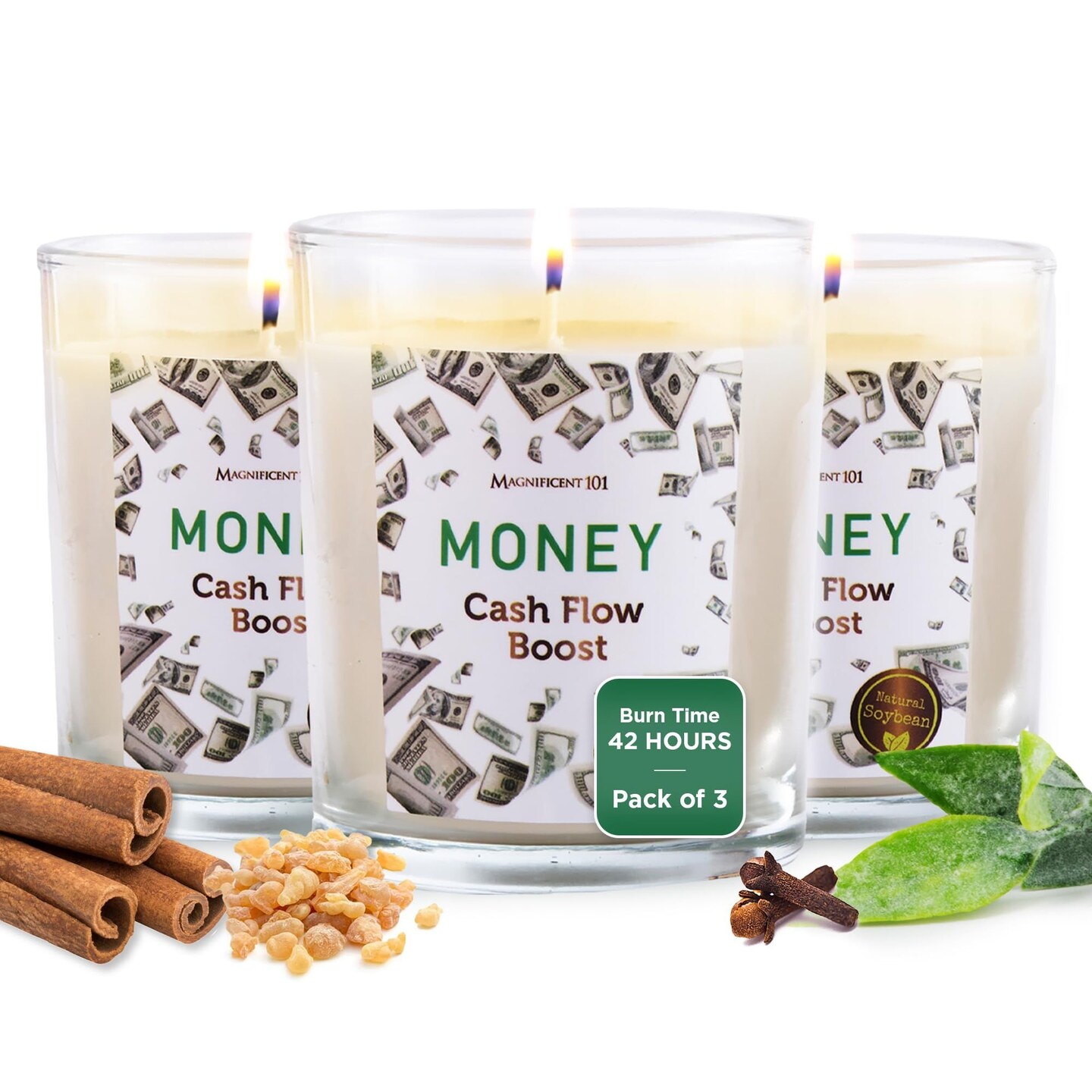Magnificent 101 Set of 3 Long-Lasting Money Cash Flow Smudge Candles | 10.5 Oz - 42-Hour Burn| Made of Soy Wax, Sage Herbs | Ideal for House Energy Cleansing &#x26; Manifestation