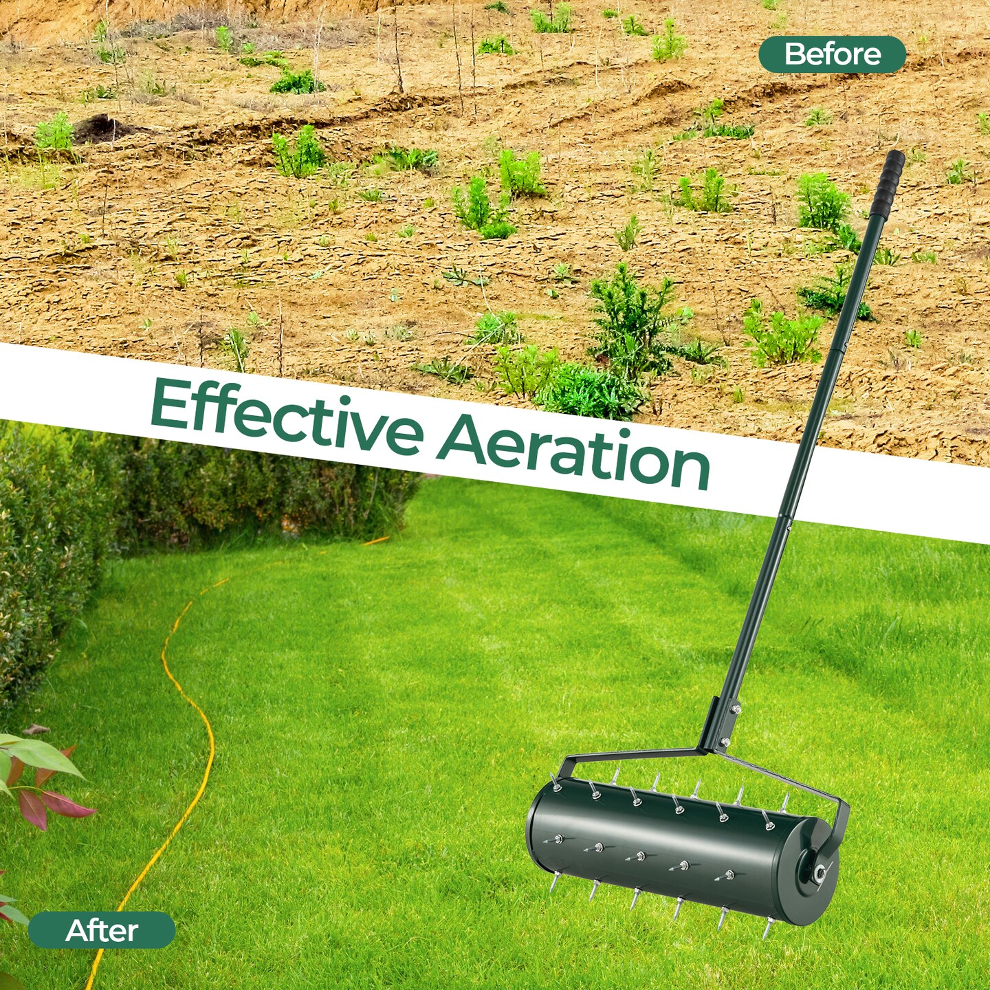 Green Galvanized Steel Lawn Aerator with Spikes, Sand-Filled Drum and Detachable Handle