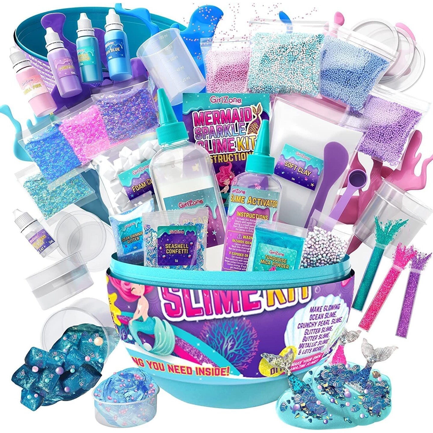 GirlZone Egg Surprise Mermaid Sparkle Slime Kit for Girls Ages 7–12, DIY Glow-in-The-Dark Slime Set with Glitter Add-Ins & 39 Pieces, Fun Creative Craft Activity, Easter for Kids