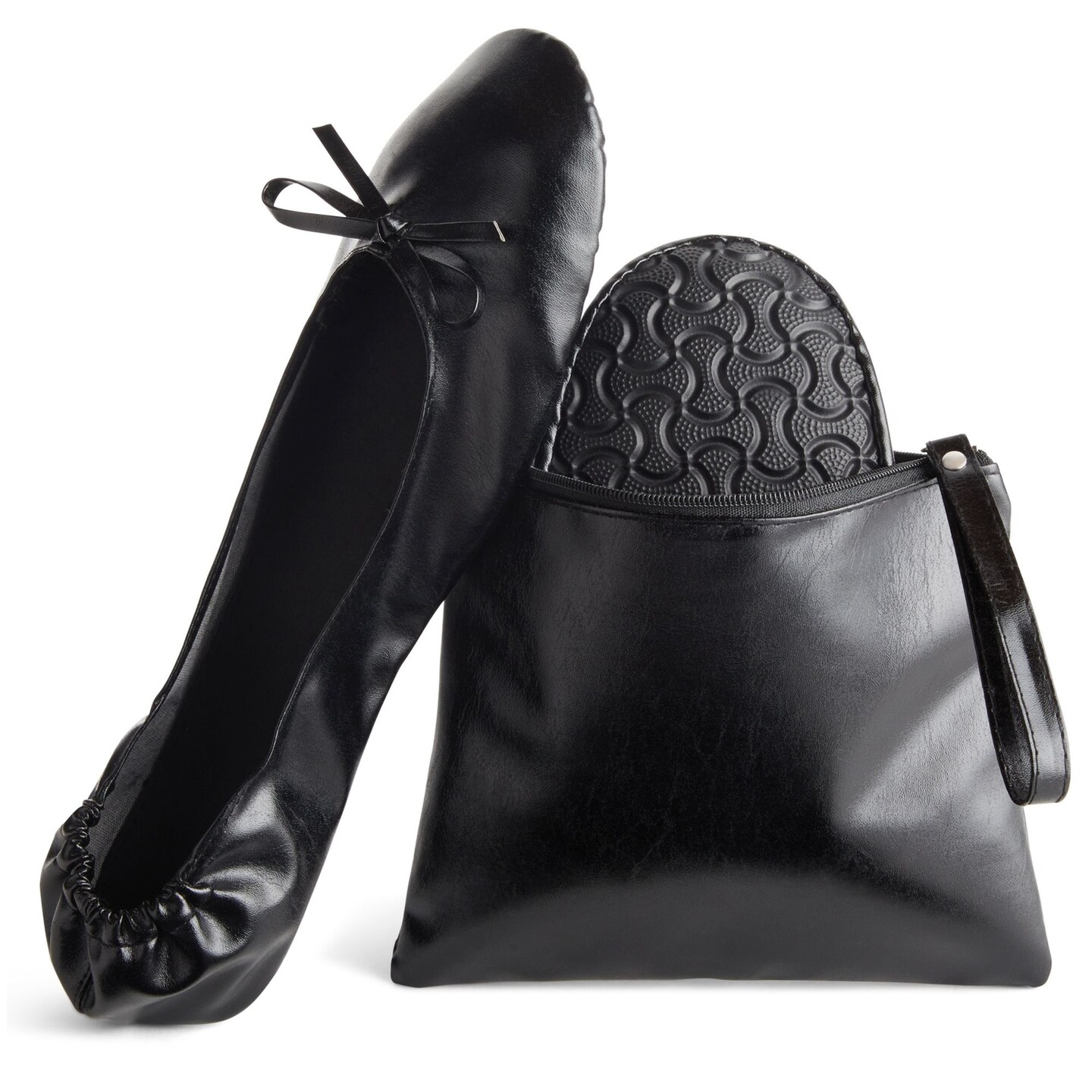 Black Foldable Ballet Flats for Women, Roll Up Flats with Zipper Pouch, US Size 10-11