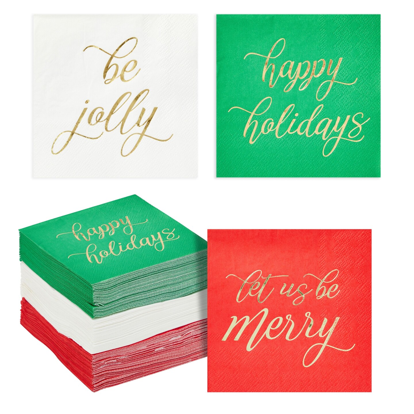 102-Pack Christmas Napkins, 3-Ply Disposable Paper Tableware for Holiday Party Supplies, Beverages, Cocktails, Table Decorations, Gold Foil Design, 3 Colors (5x5 In)