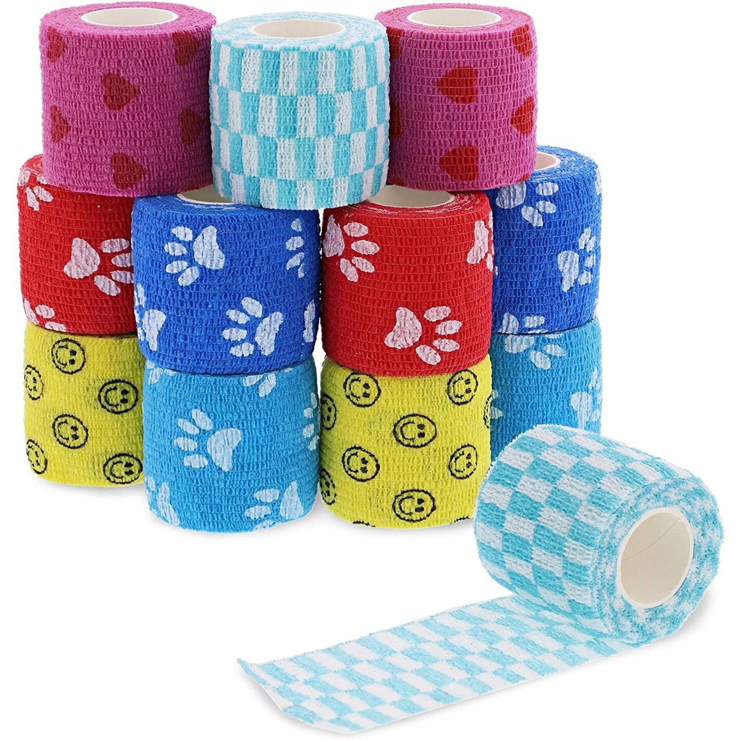 12 Rolls Colorful Adherent Bandage Wraps, 2 Inch x 5 Yards Cohesive Vet Tape for First Aid (Paw Prints)