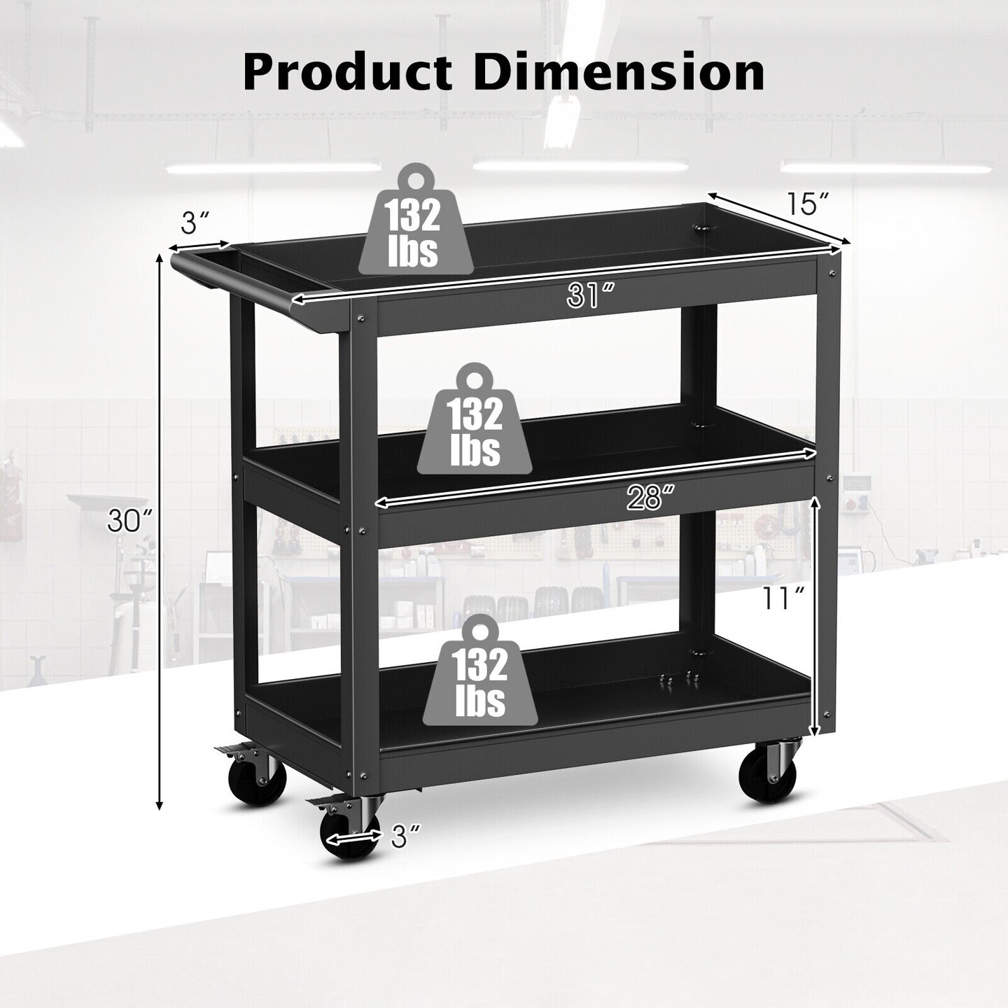 3-Tier Metal Utility Cart Trolley Tool with 2 Lockable Universal Wheels Perfect for Kitchens and Offices or Workshops