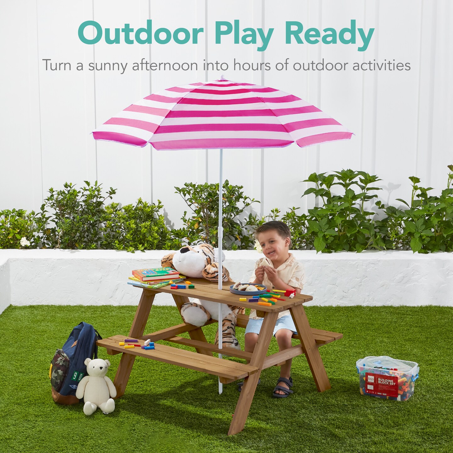 Best Choice Products Kids Wooden Picnic Table, Outdoor Activity Table w/ Adjustable Umbrella, Seats