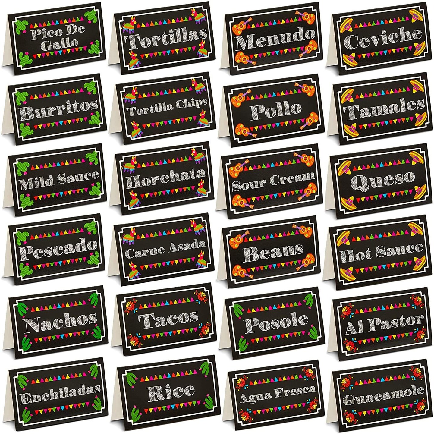 Mexican Food Party Supplies, Fiesta Place Cards, 12 Designs for Parties and Cinco de Mayo (3.5 x 2 in, 60-Pk)