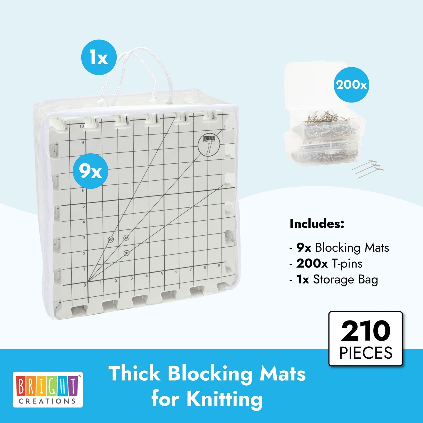 Bright Creations 9 Extra Thick Blocking Board Mats for Knitting w/Grids, 200 T-Pins, 1 Storage Bag (210 Pieces)