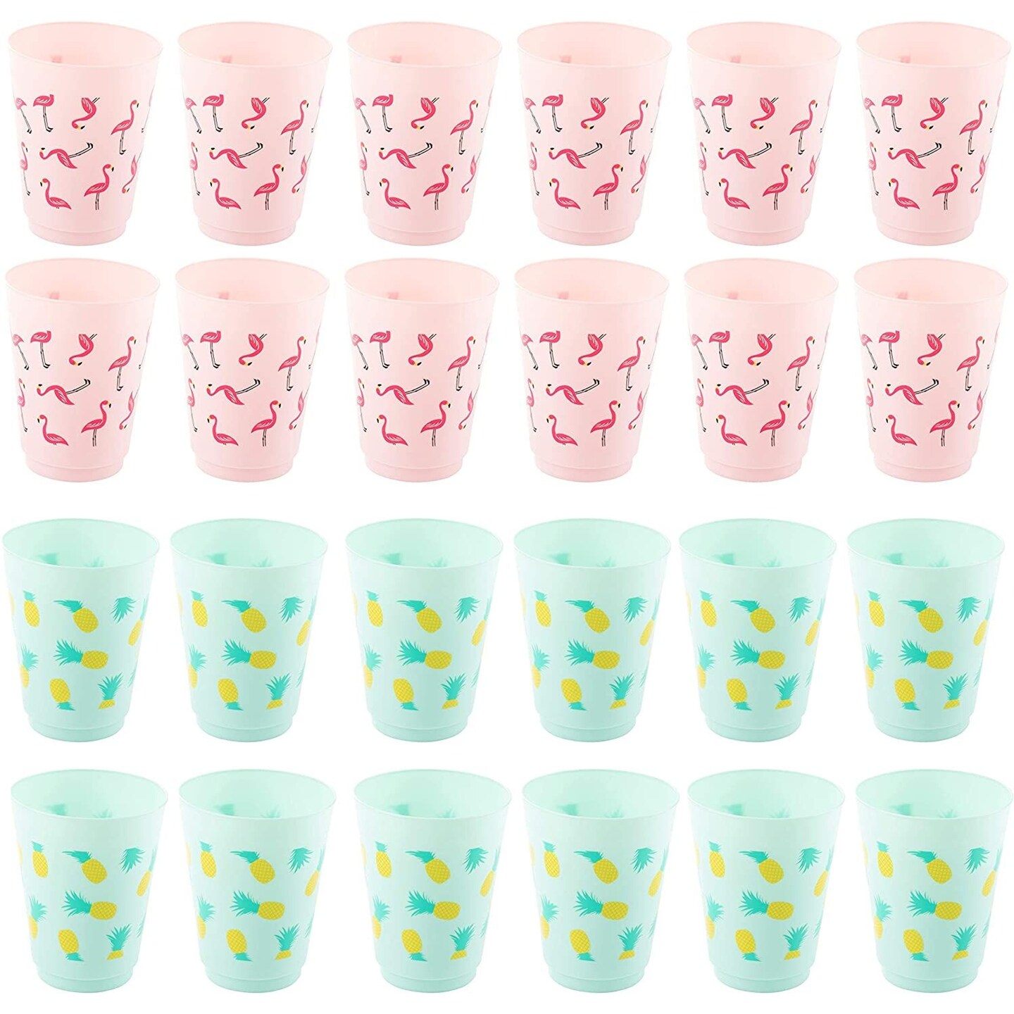 Plastic Party Cups - 24-Pack Reusable Tumblers, 16-Ounce Plastic Cups, Tropical Themed Party Supplies for Bridal Showers, Birthdays, Flamingo and Pineapple Designs, 3.5 x 4.4 x 3.5 inches